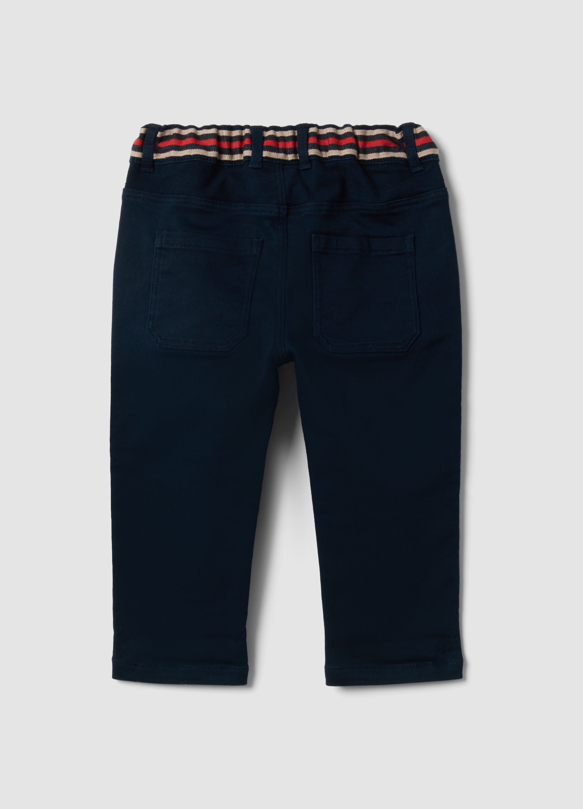 Blue stretch cotton trousers with elasticated waist for baby boy