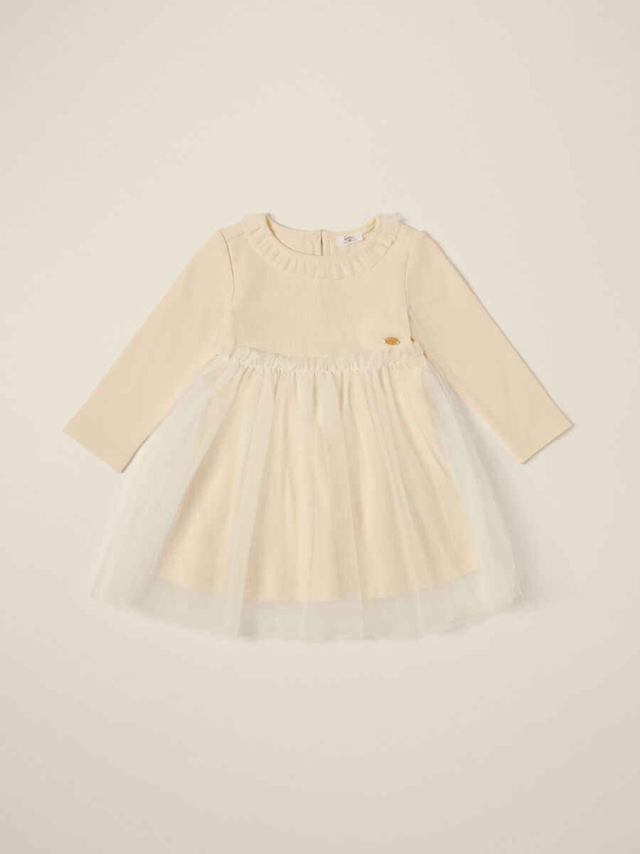 Beige dress for girls in stretch cotton_0