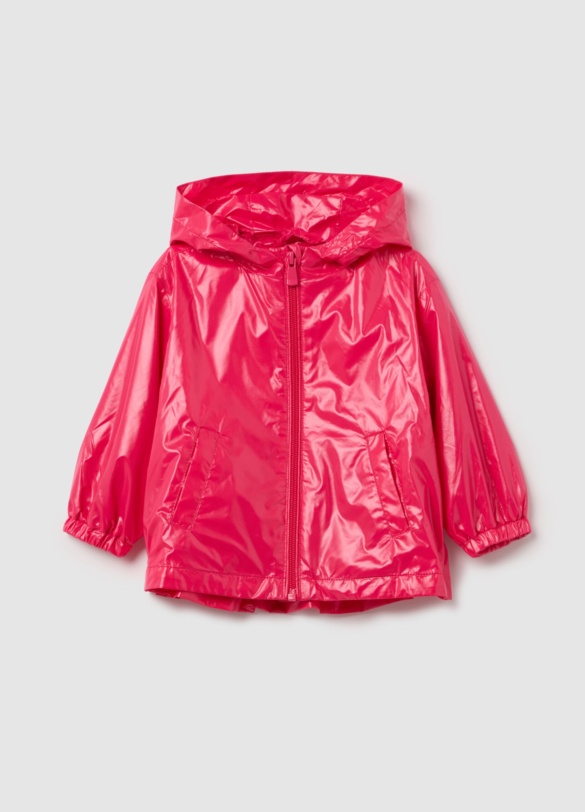 Waterproof jacket with hood and flounce