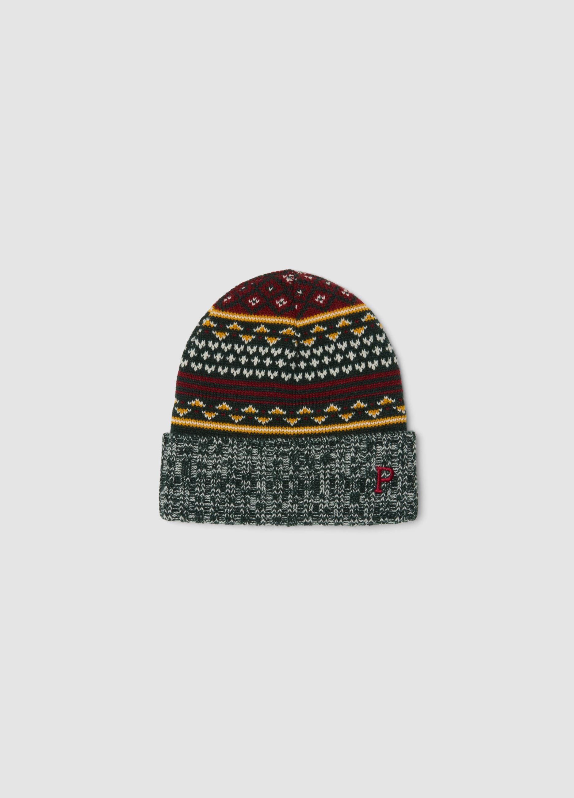 Multicolour beanie with jacquard pattern and embroidery