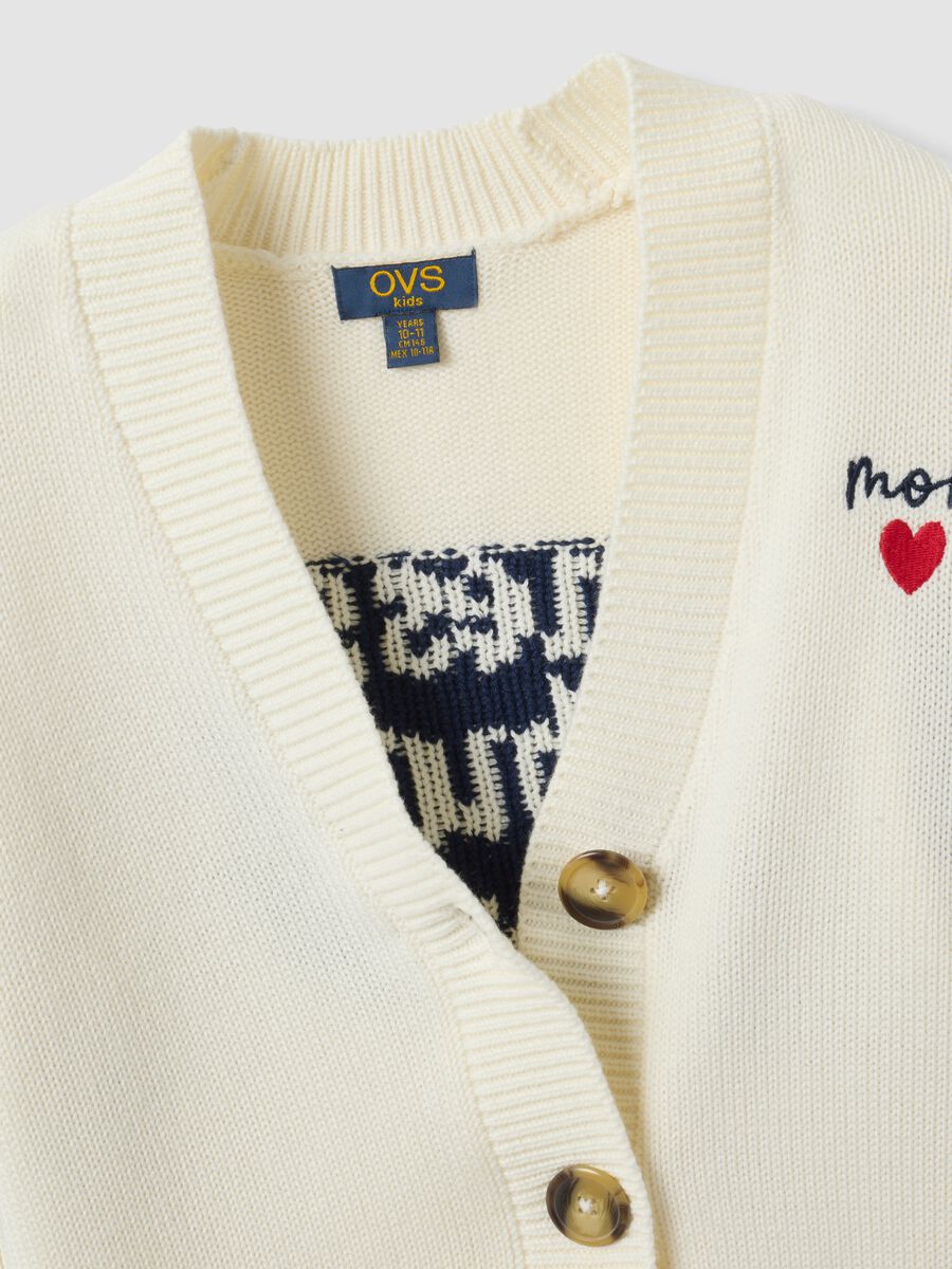 White cotton-blend cardigan with deep V-neck and heart embroidery_2