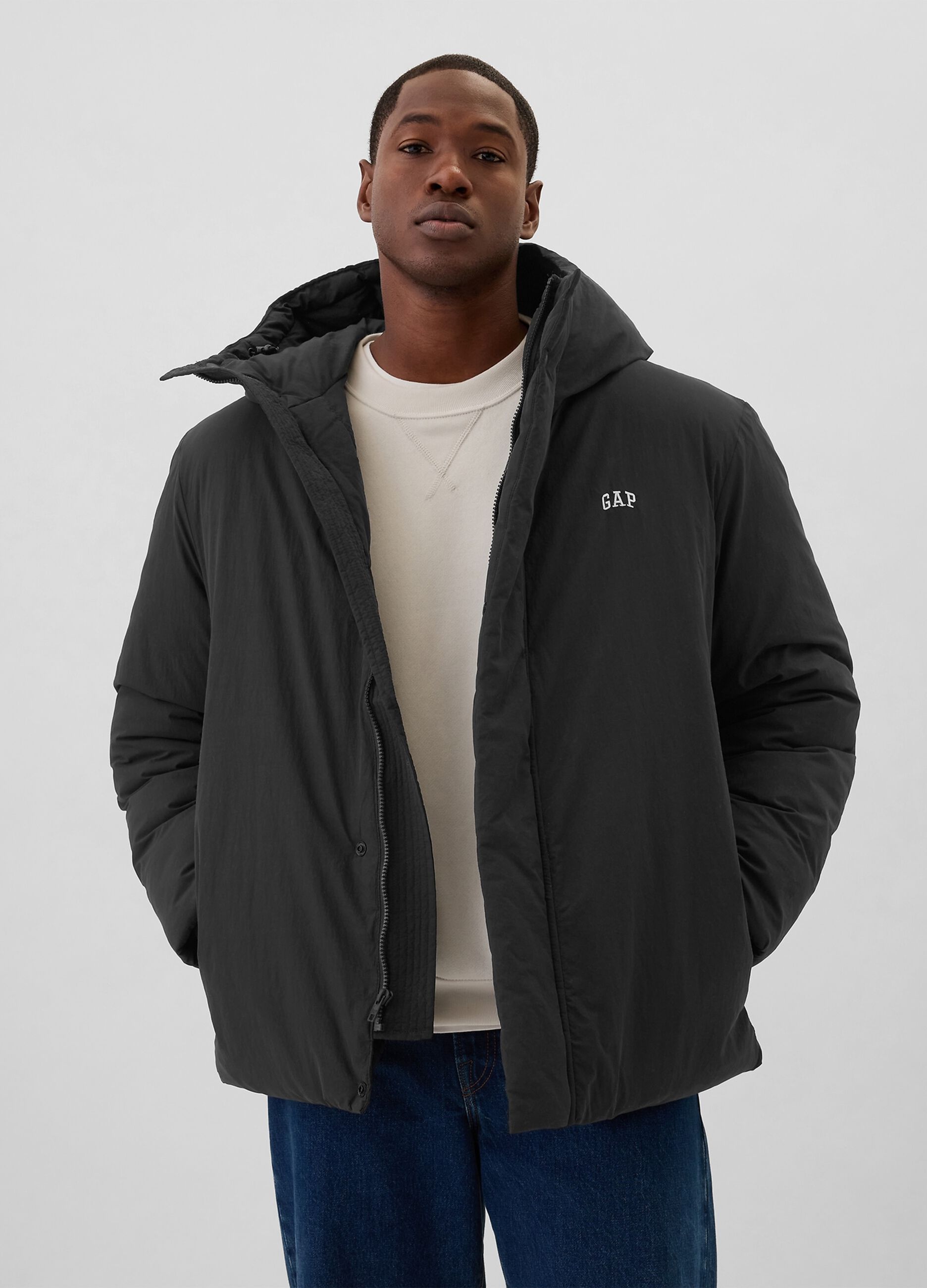 Down jacket with hood and logo embroidery