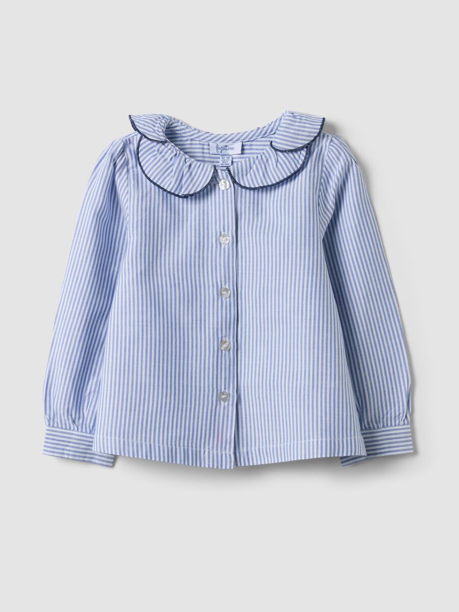 Blue striped pure cotton shirt with ruffle collar for baby girls_0