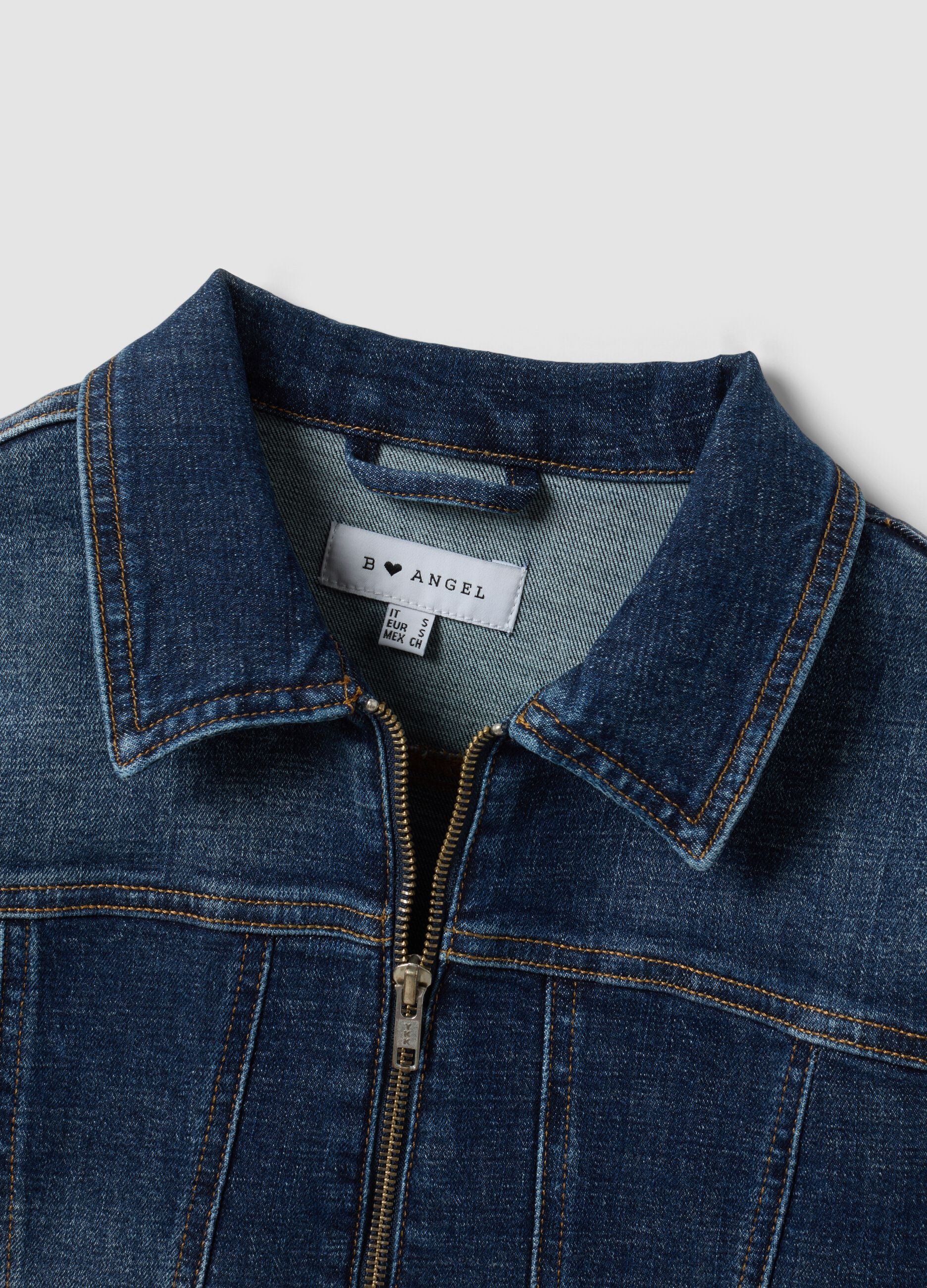 Blue slim-fit jacket in stretch cotton denim with zip