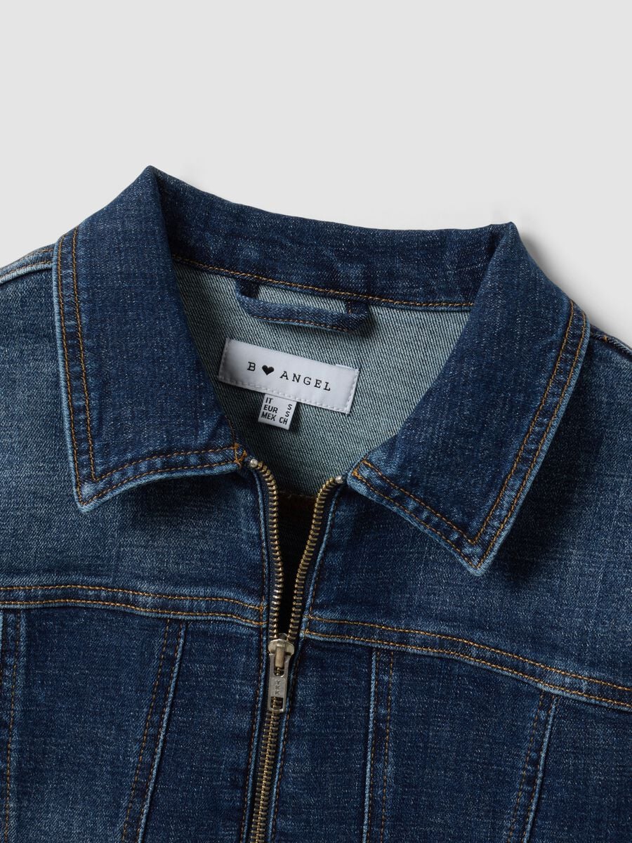 Blue slim-fit stretch cotton denim jacket with zip_5
