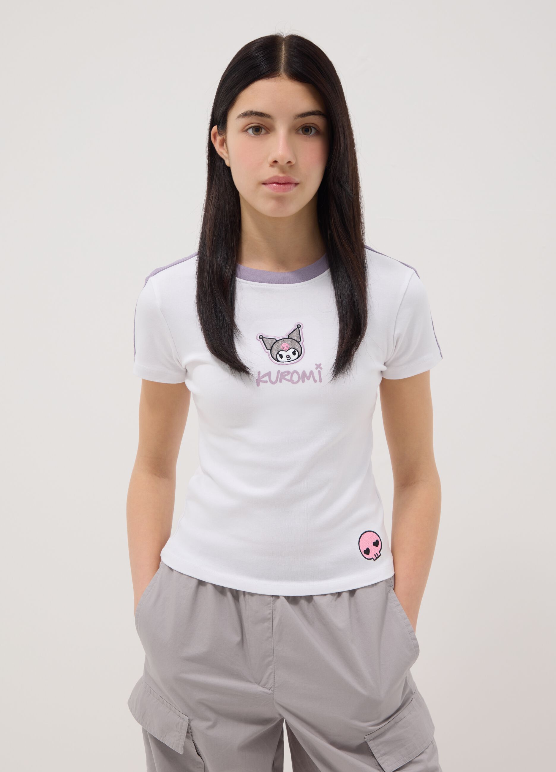 Girls' White Stretch Cotton Slim Fit T-shirt with Kuromi