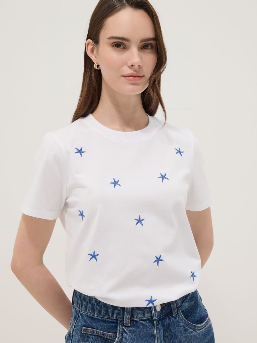 White pure cotton T-shirt with star embroidery_0