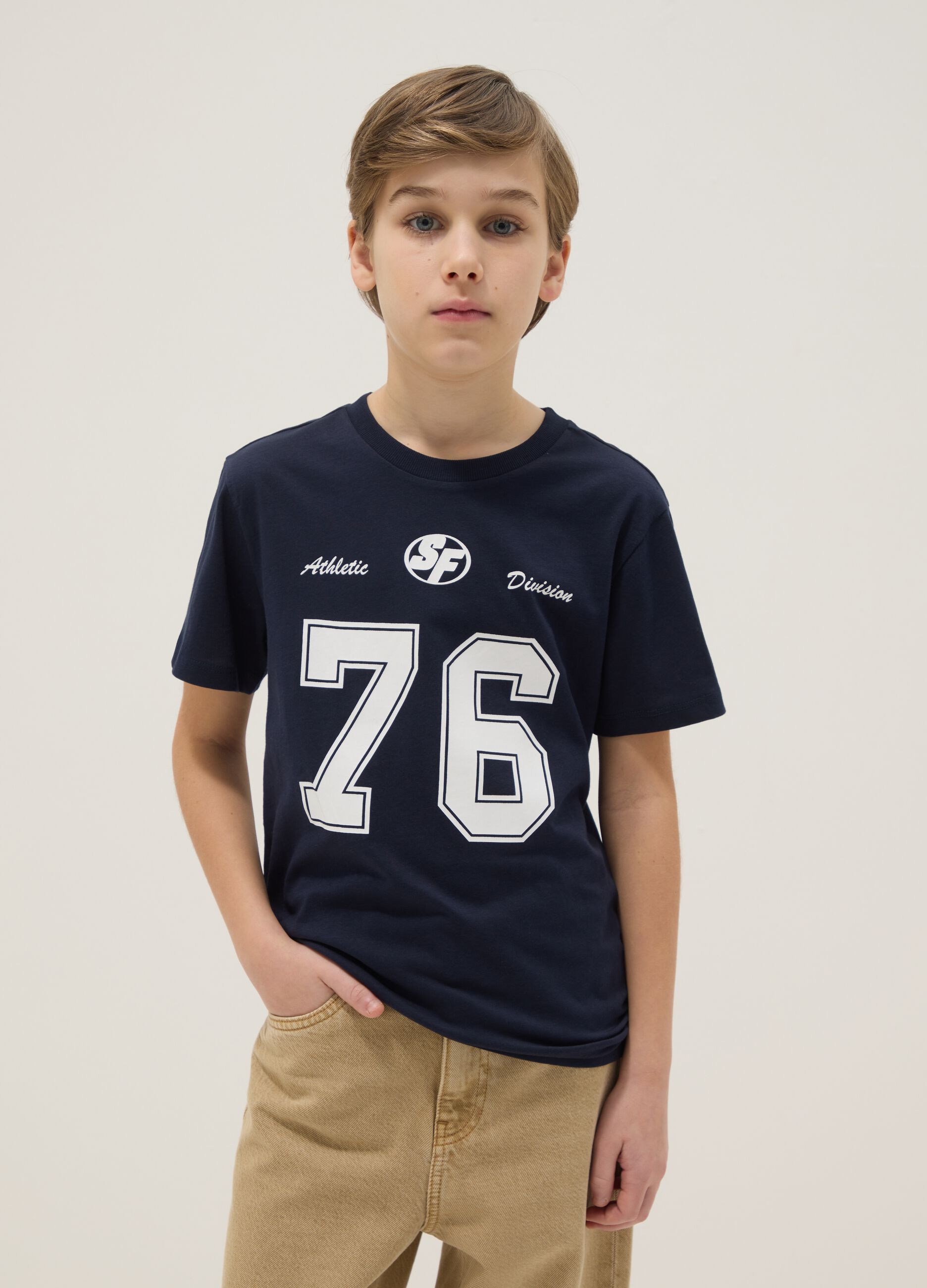 Boys&rsquo; blue pure cotton regular-fit T-shirt with print