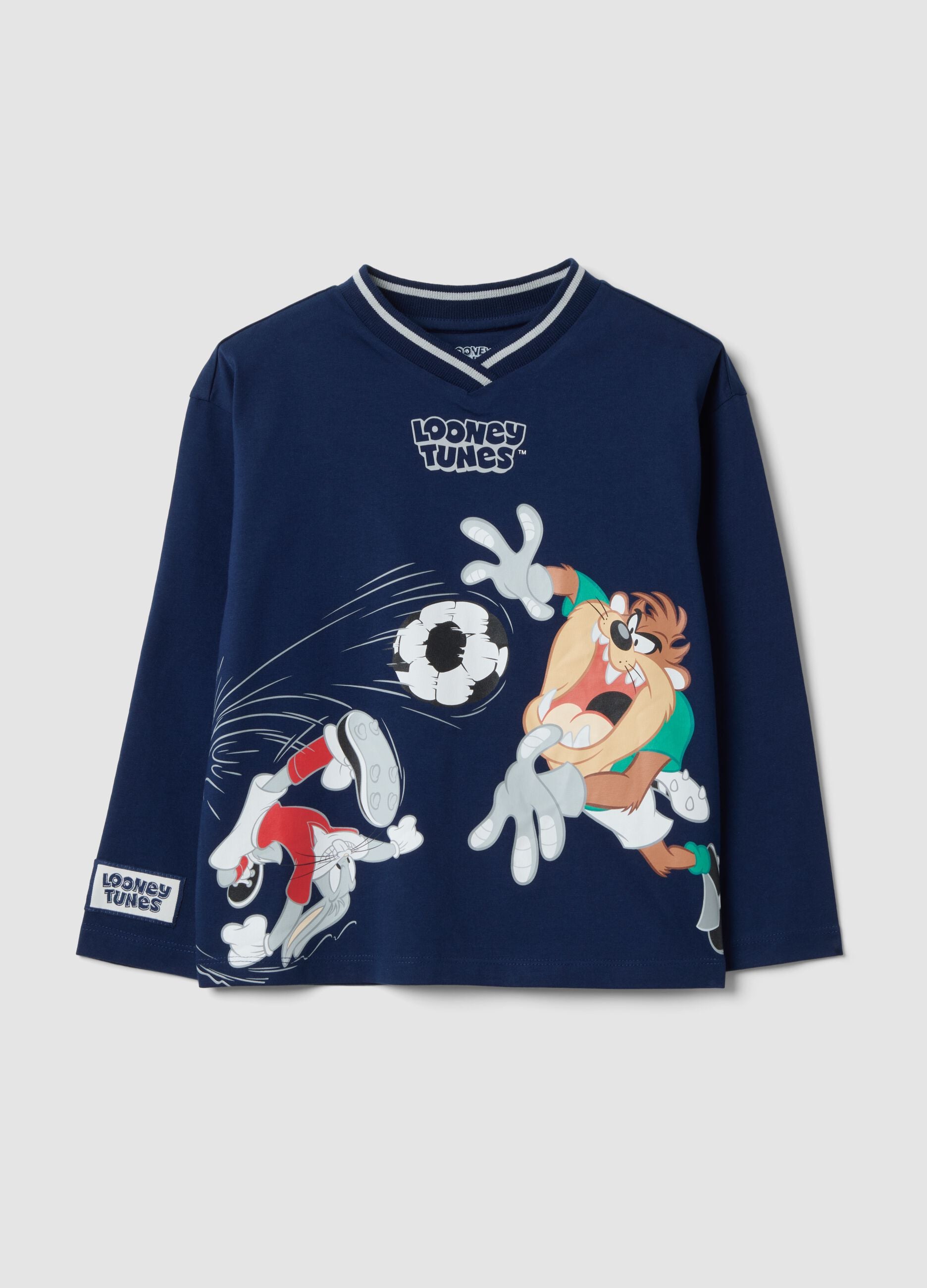 Blue long-sleeve pure cotton Looney Tunes print T-shirt for boys