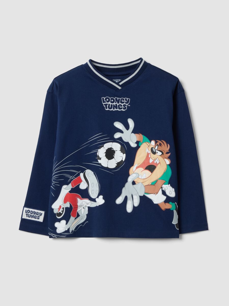 T-shirt blu a maniche lunghe in puro cotone con stampa Looney Tunes per bambino_0