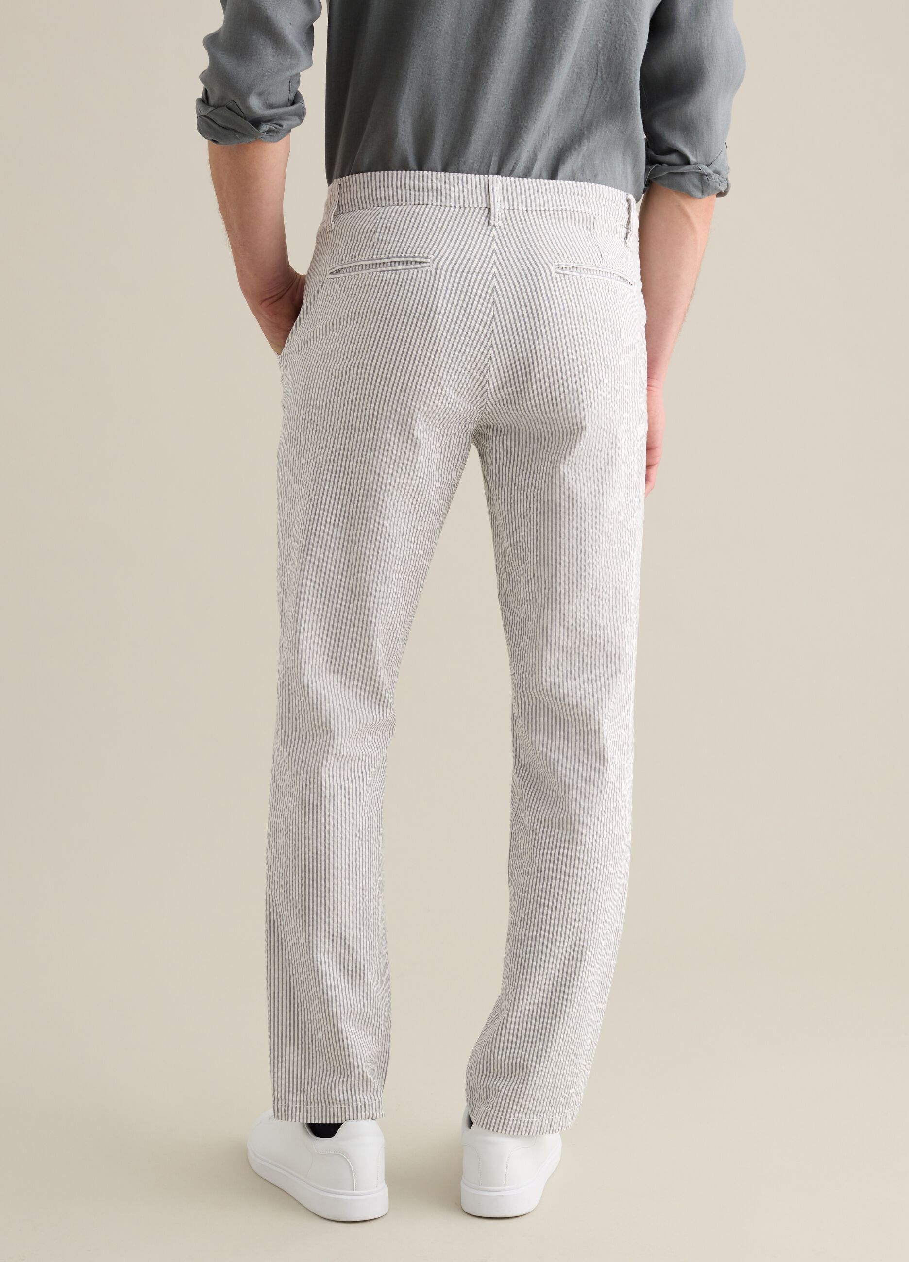 Seersucker chino trousers with white and grey stripes