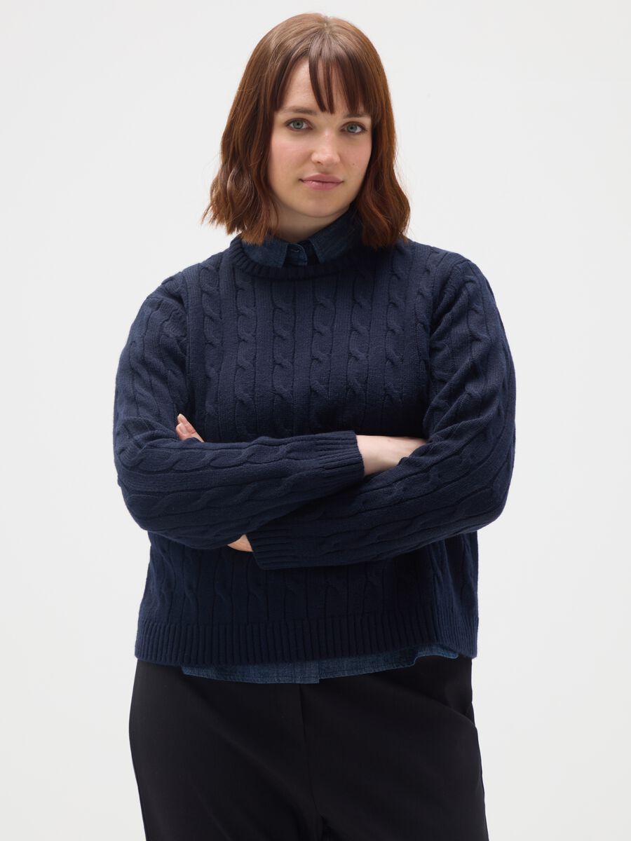 Blue Knitted Sweater with Round Neck_0