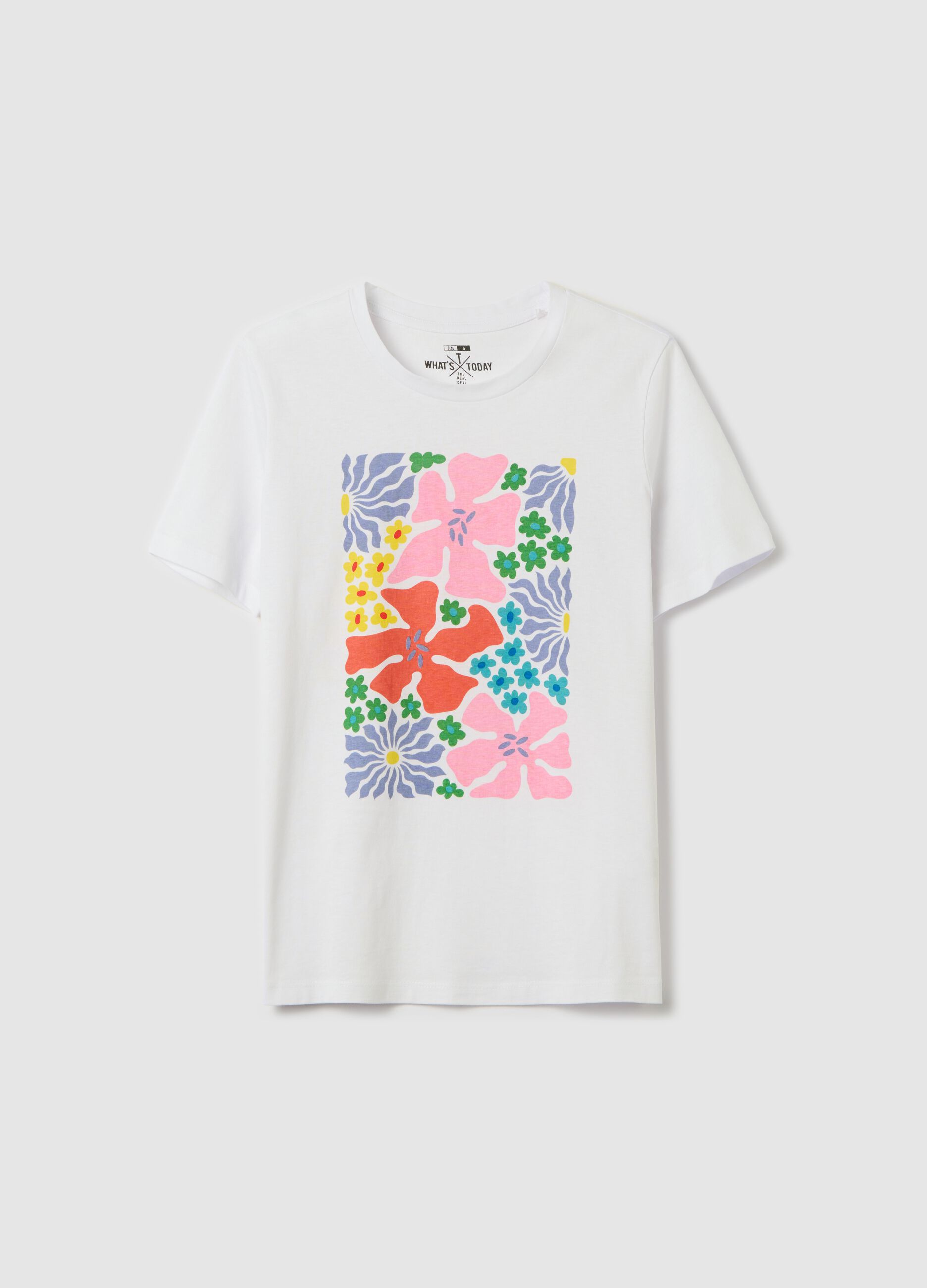 White T-shirt with colourful floral print