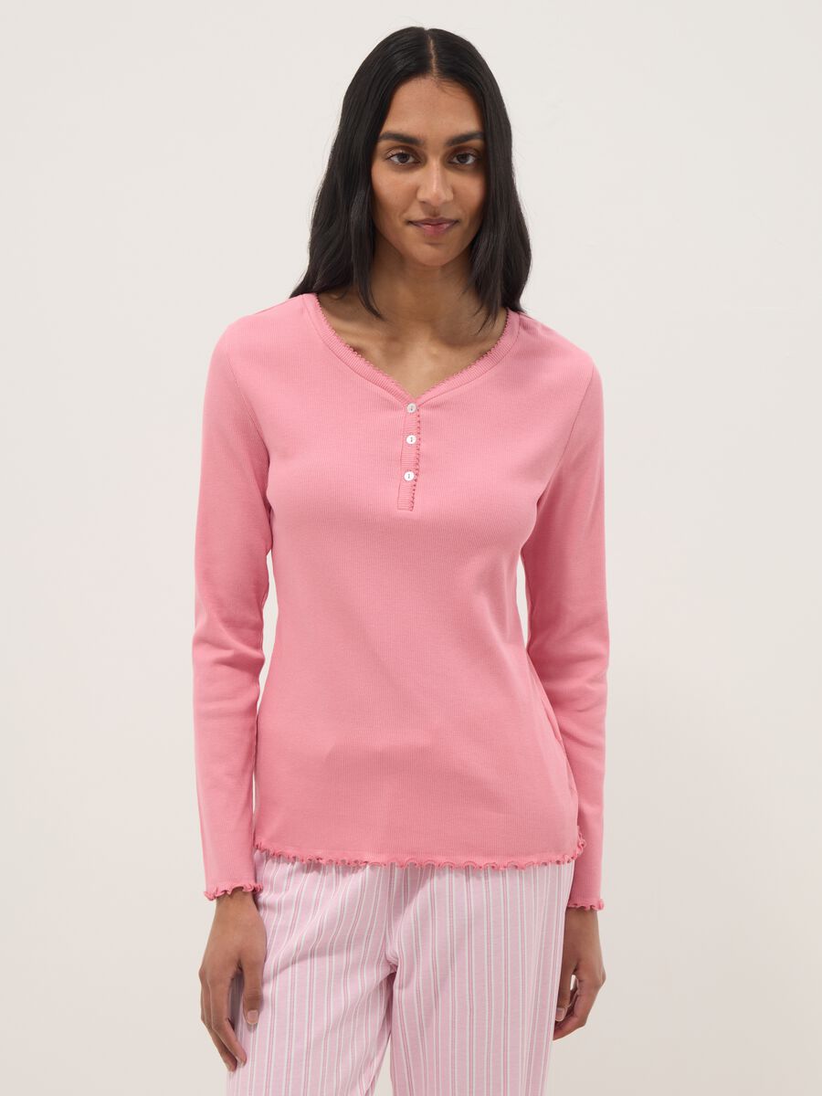 Maglia da pigiama in puro cotone rosa regular fit con scollo serafino_1