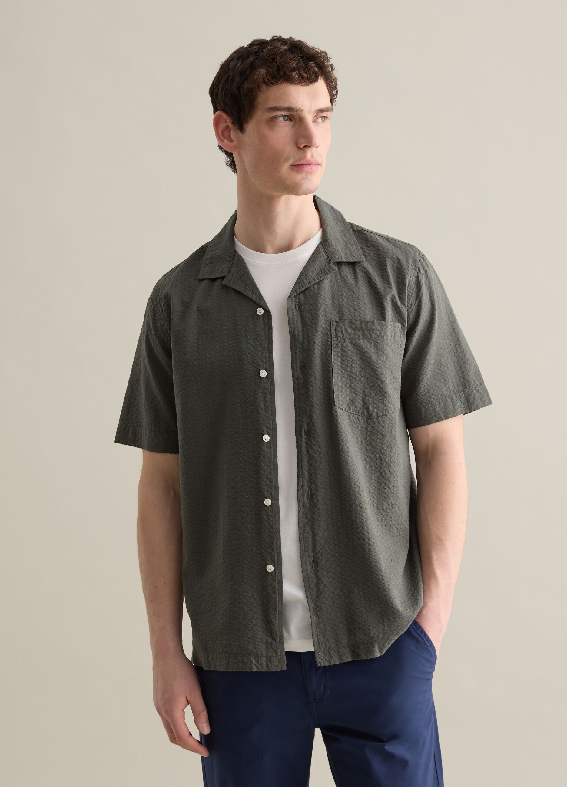 Green Cotton Bowling Collar Shirt
