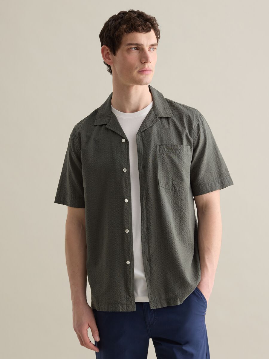 Green Cotton Bowling Collar Shirt_0