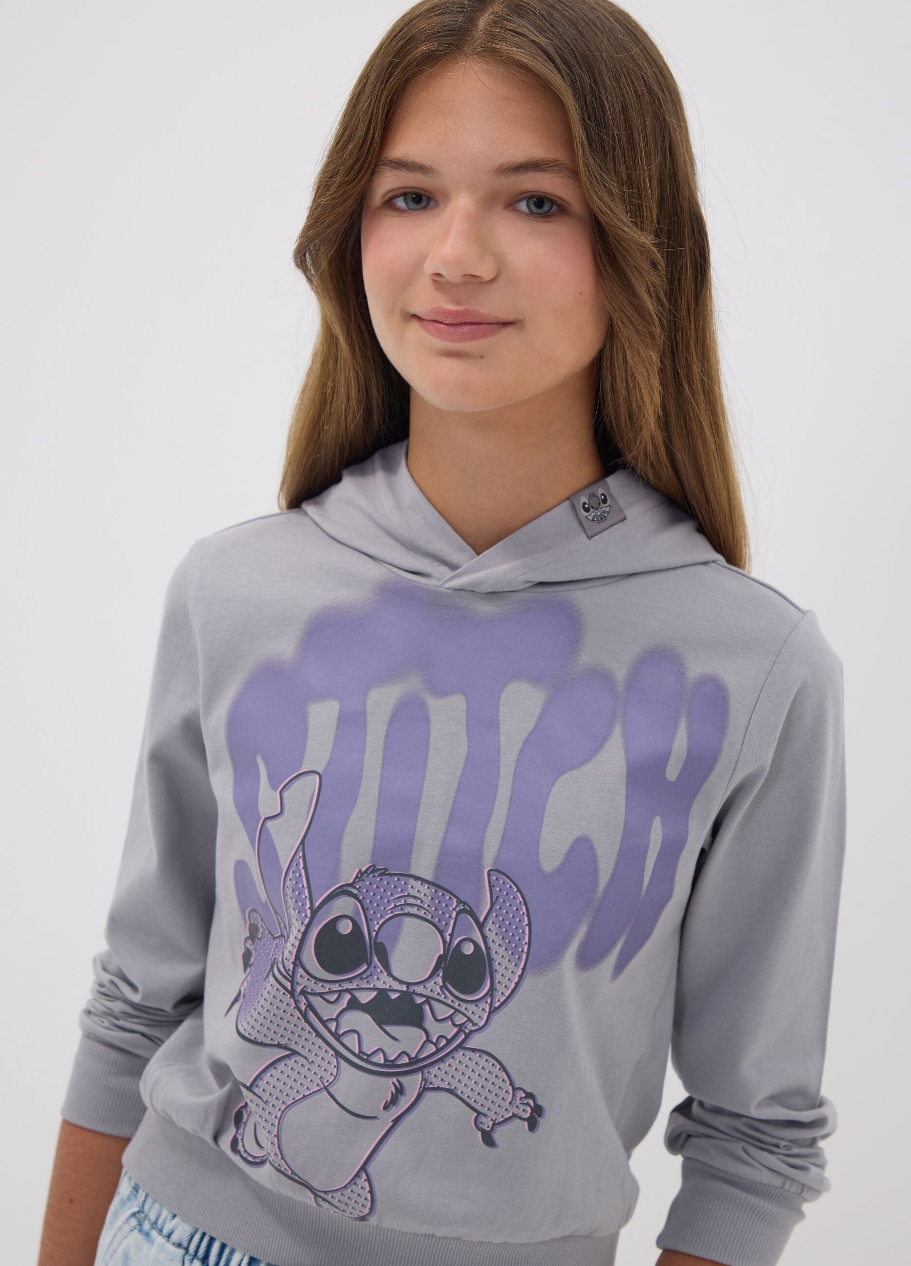 Grey pure cotton hoodie with Lilo & Stitch print for girls