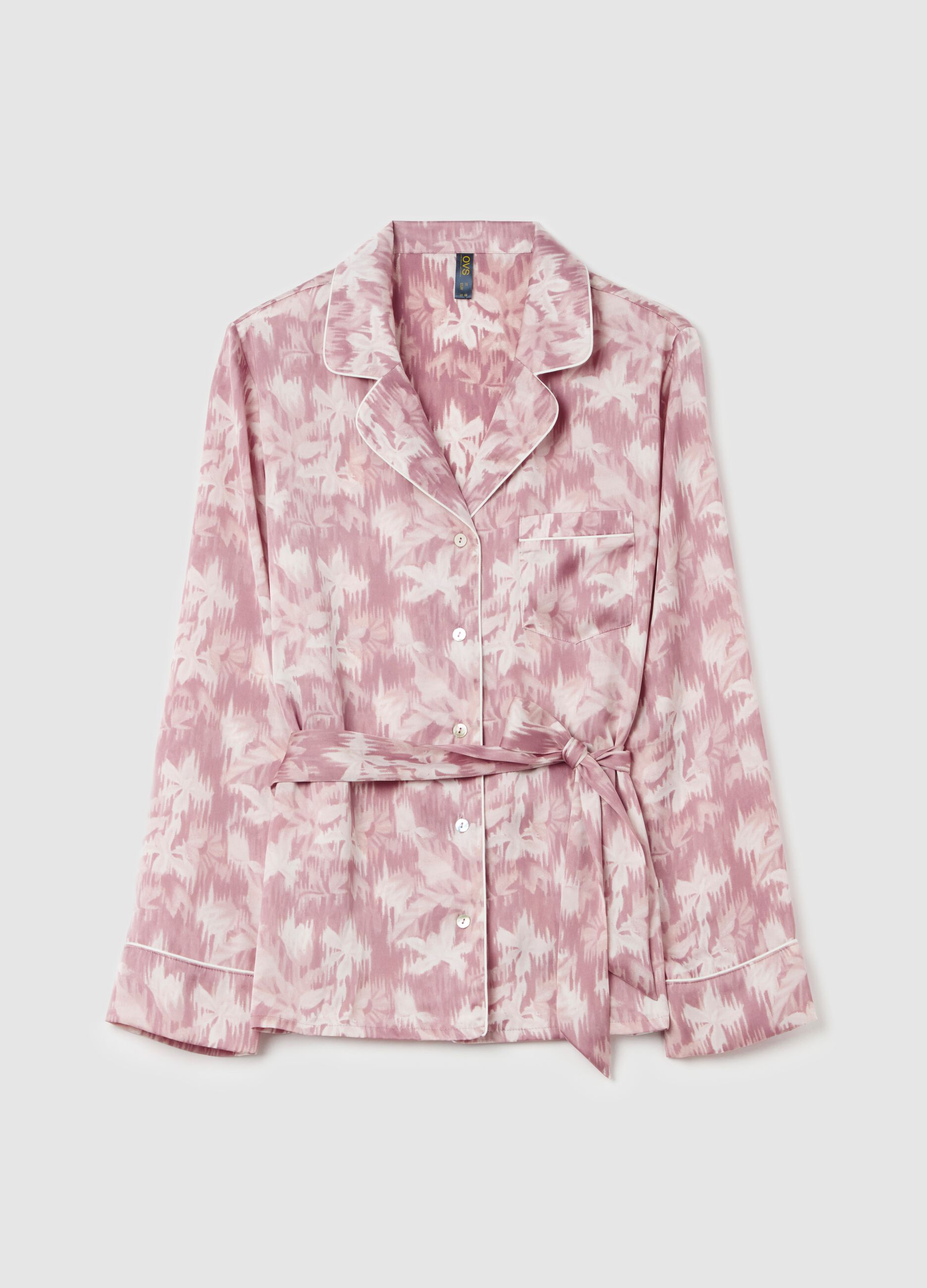 Pyjama top in pink and white satin with belt