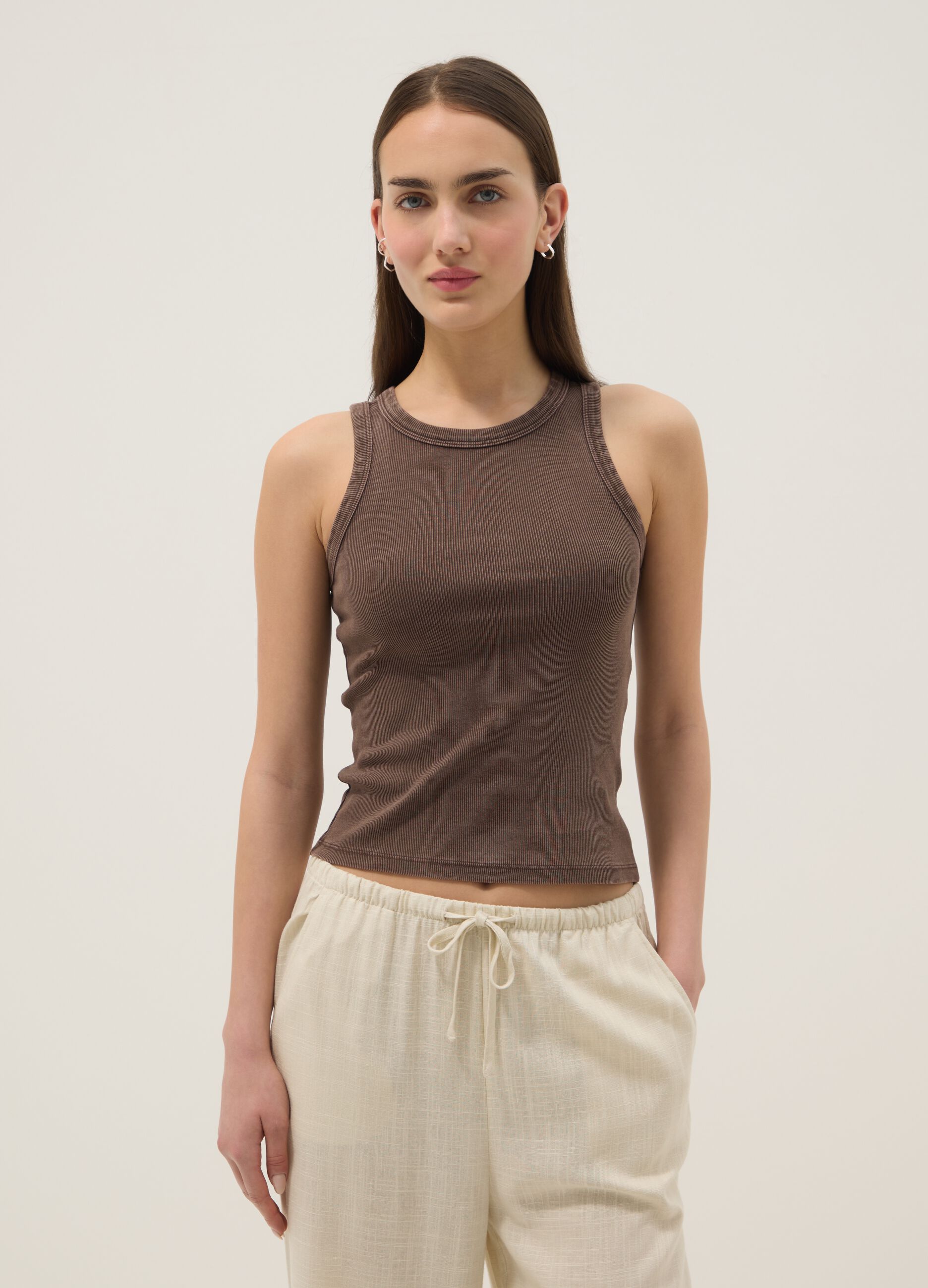 Brown ribbed stretch cotton fitted tank top