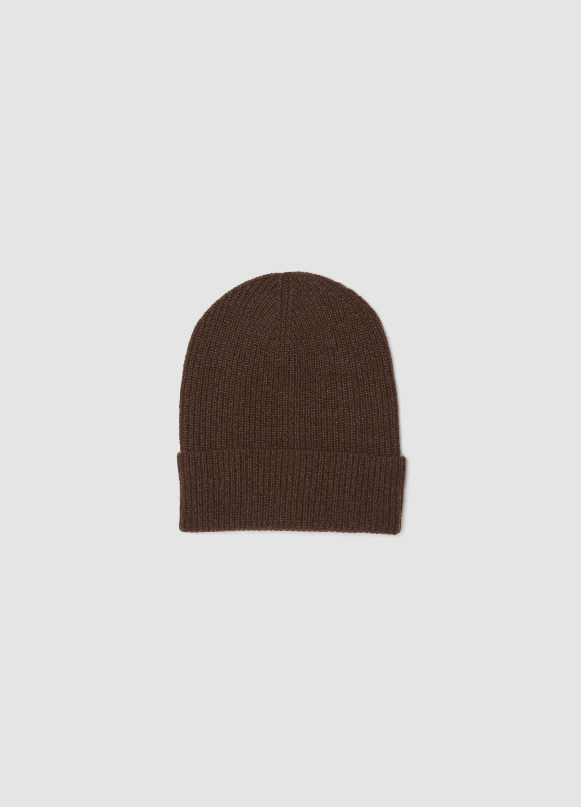 Brown ribbed pure cashmere beanie