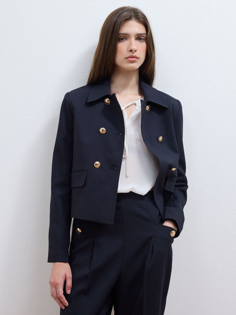 Blazer a doppio petto blu in viscosa elasticizzata con bottoni dorati_1