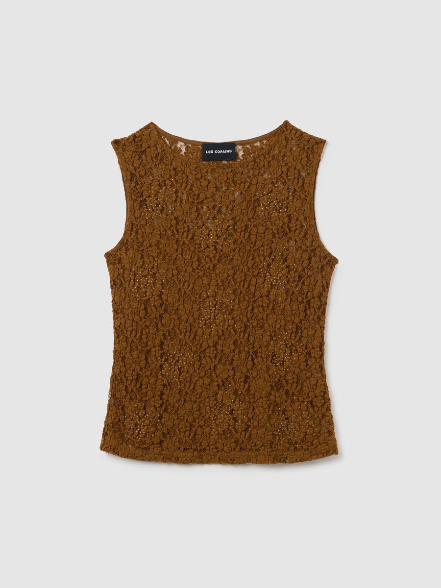 Top smanicato da donna in pizzo marrone fitted_0