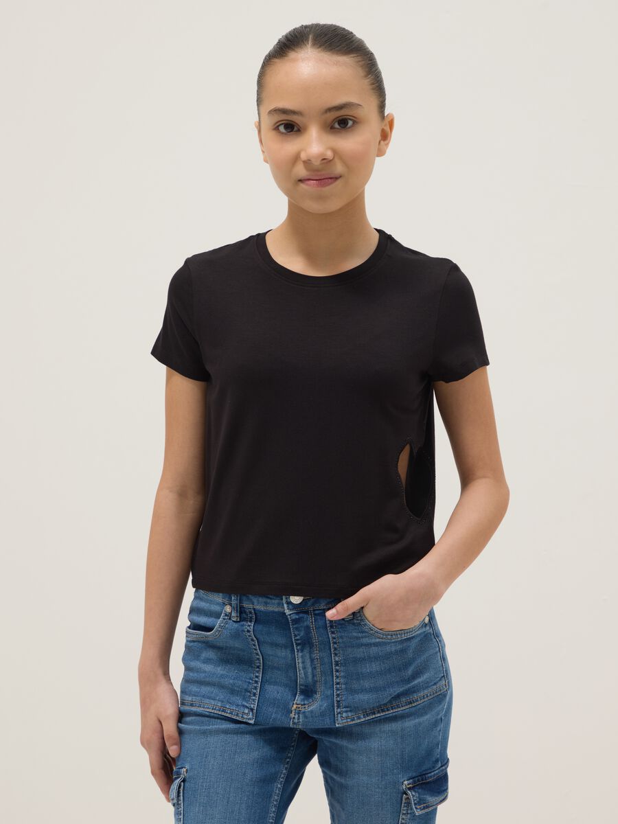 T-shirt in viscosa elasticizzata nera da ragazza regular fit_0