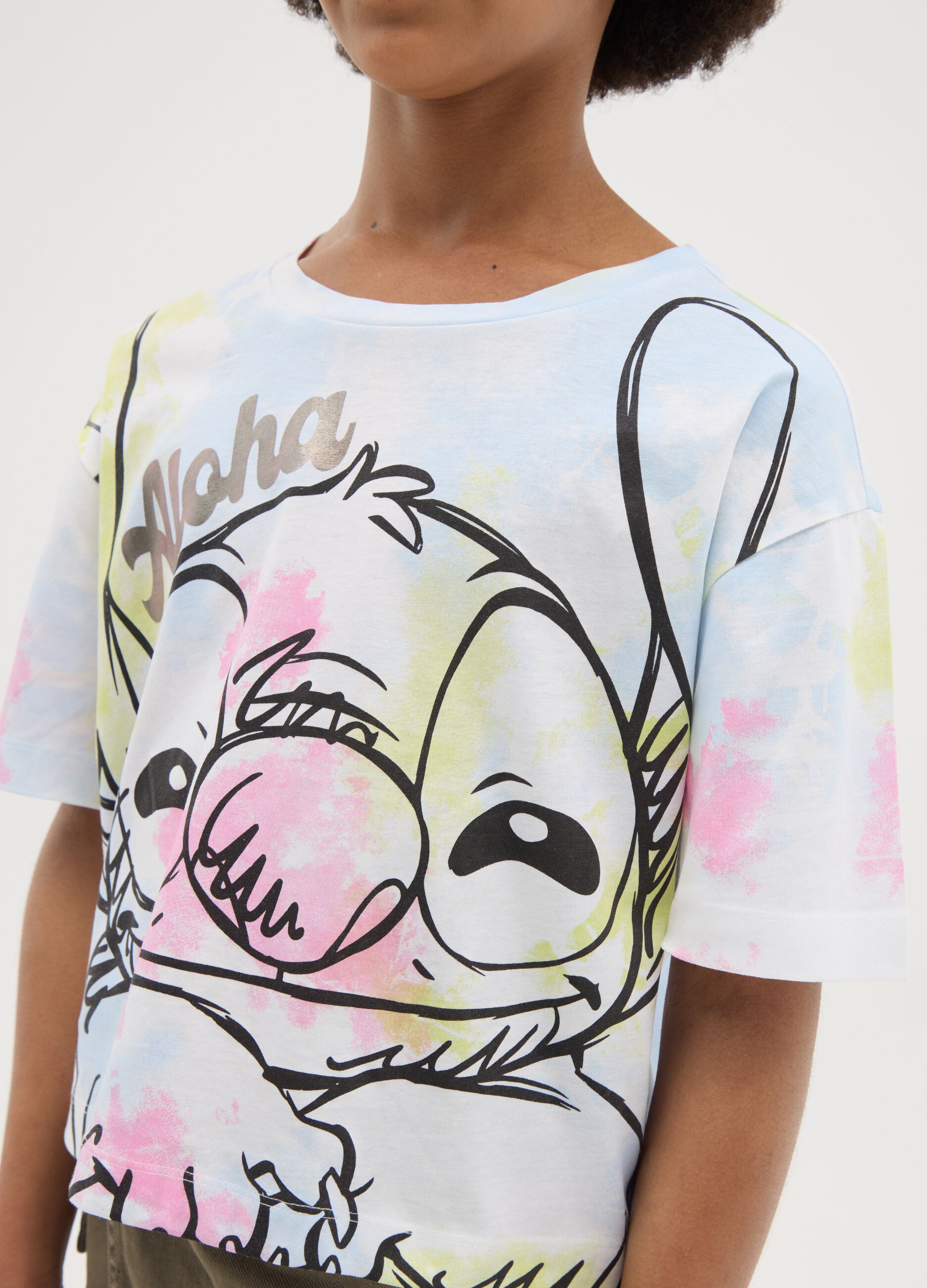 Girls' multicolour pure cotton regular fit T-shirt with Stitch print