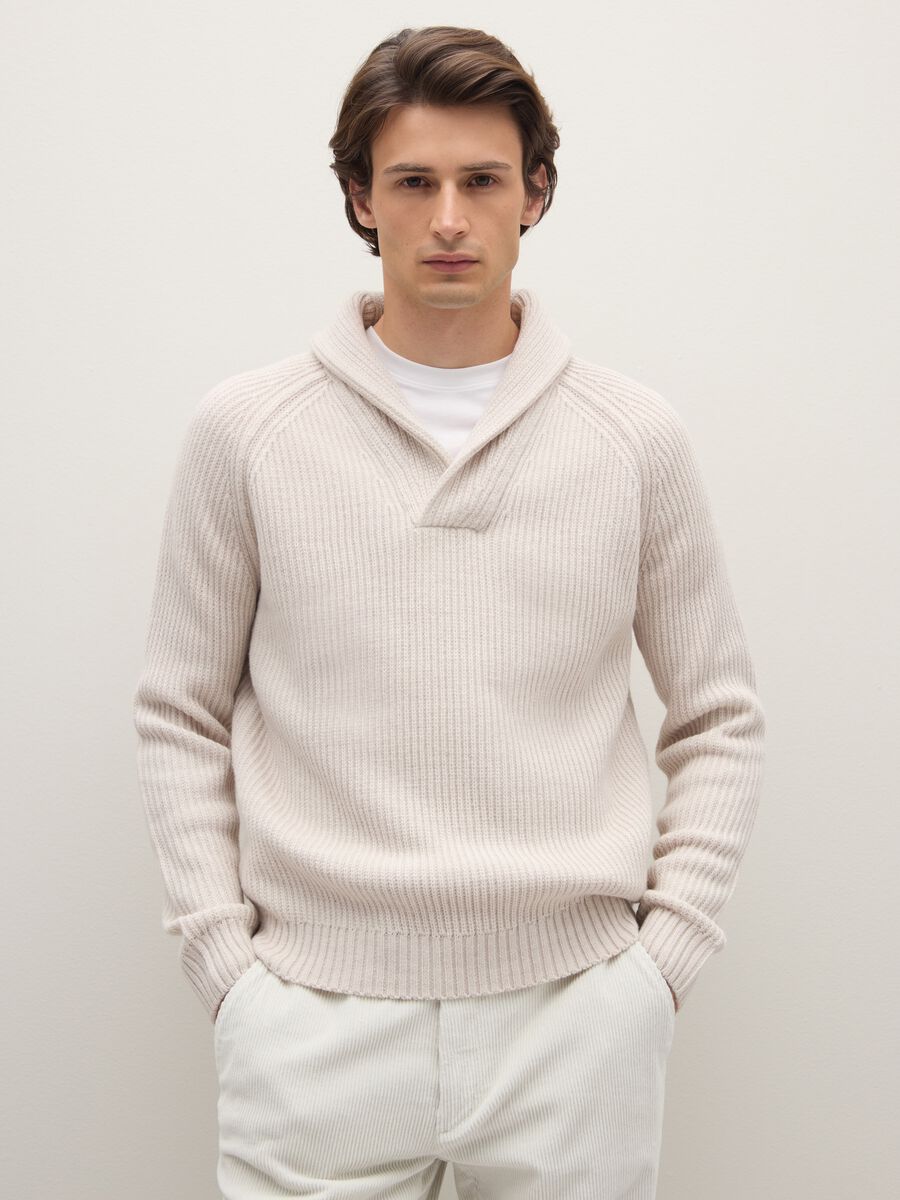 Beige Sweater with Shawl Collar in Wool Blend_0