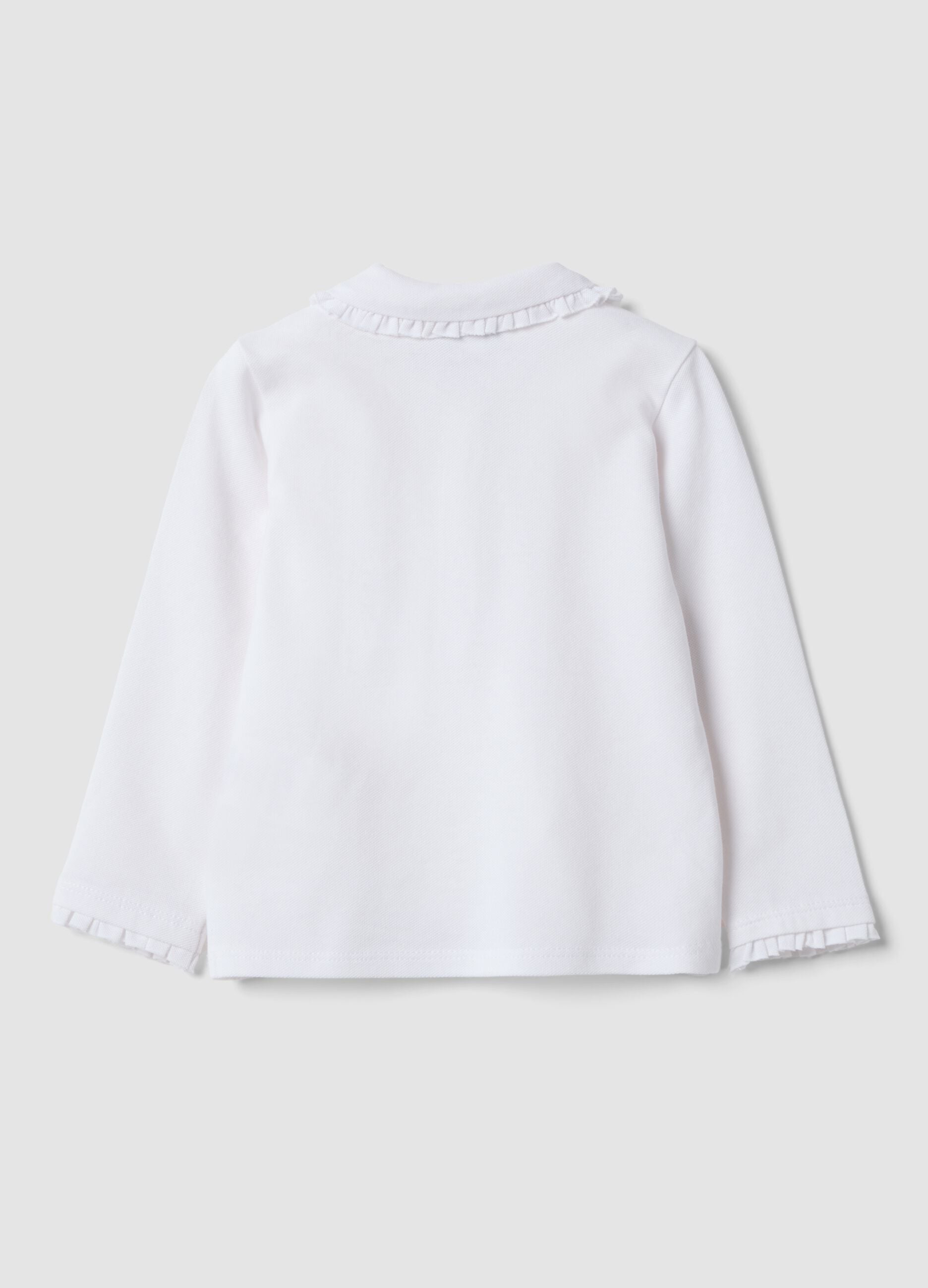 White long-sleeved organic cotton polo shirt, regular fit, for baby girl