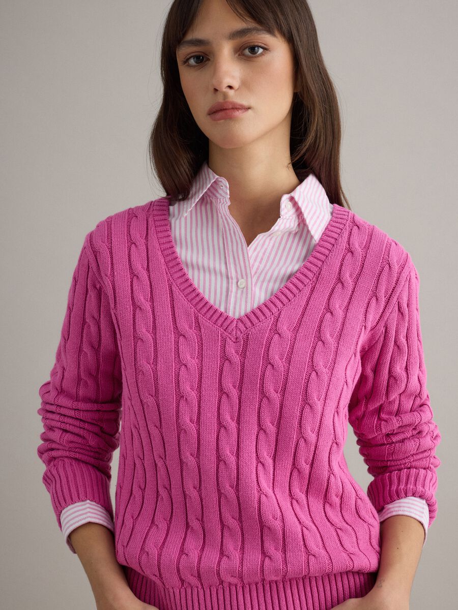 Pink pure cotton regular fit pullover with cable knit design_0