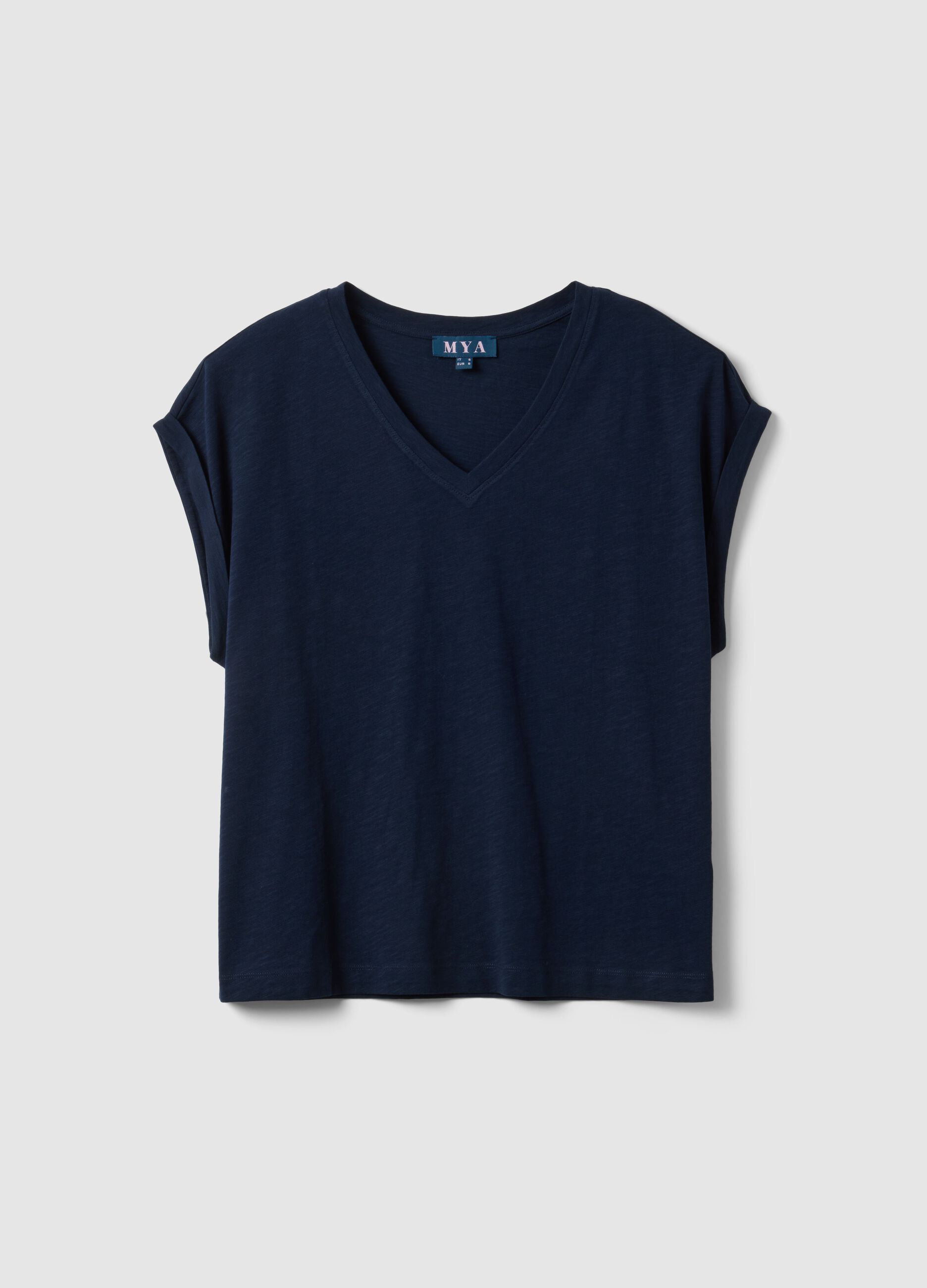 Short-sleeve pure cotton blue V-neck regular fit T-shirt