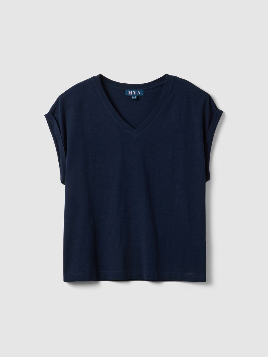 Short-sleeve pure cotton blue V-neck regular fit T-shirt_4