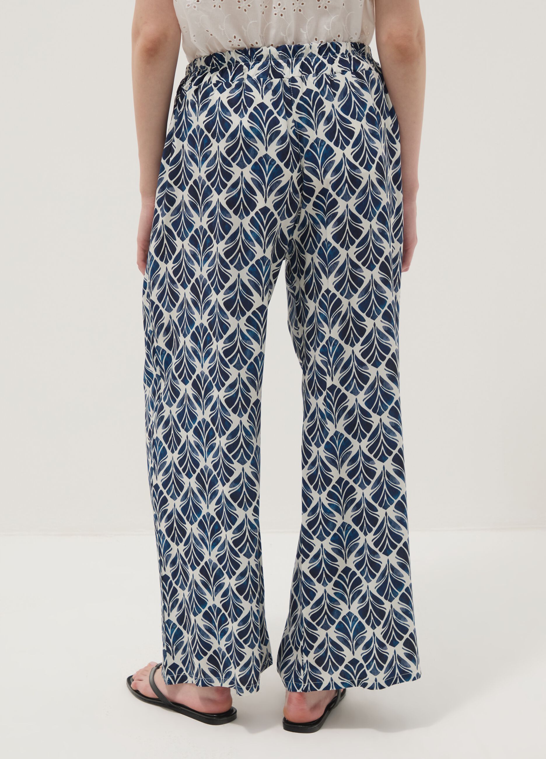 Blue pure viscose wide-leg patterned trousers, regular fit