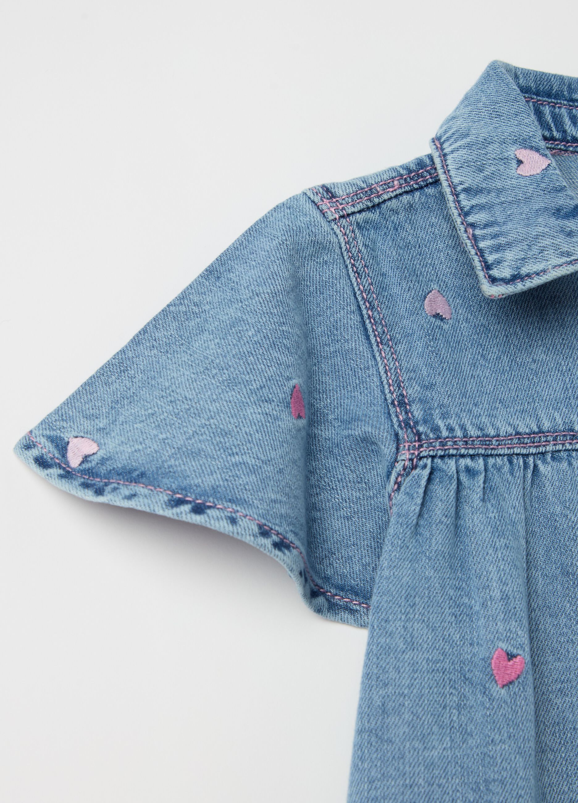 Denim dress with flounce and hearts embroidery