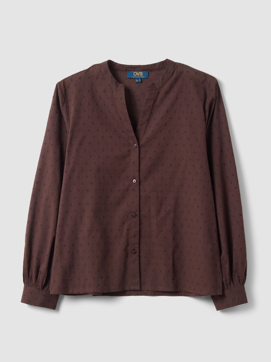 Brown pure cotton shirt with deep V-neck and polka dots, regular fit_4