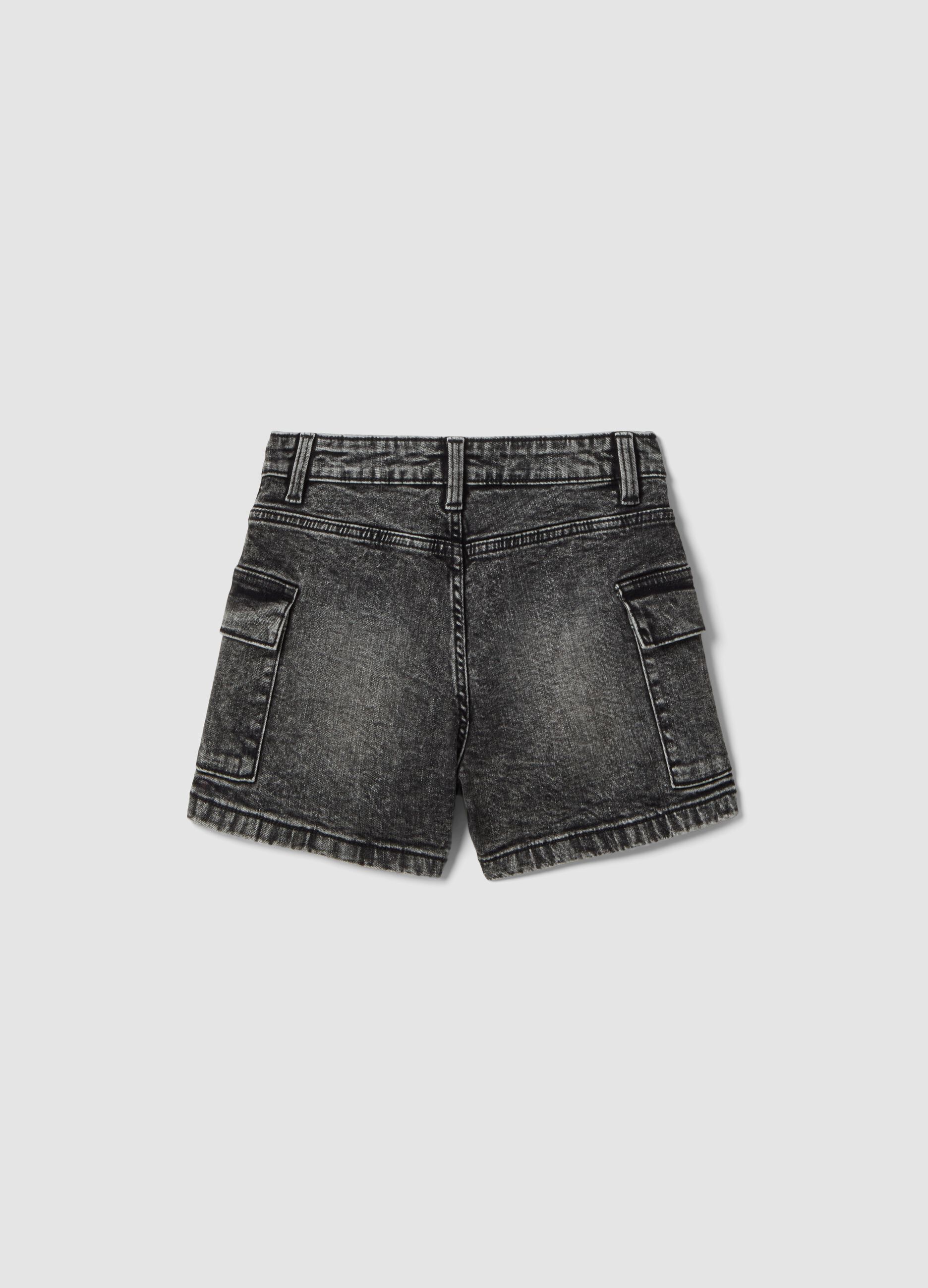 Girls&rsquo; slim-fit grey cargo denim shorts in stretch cotton
