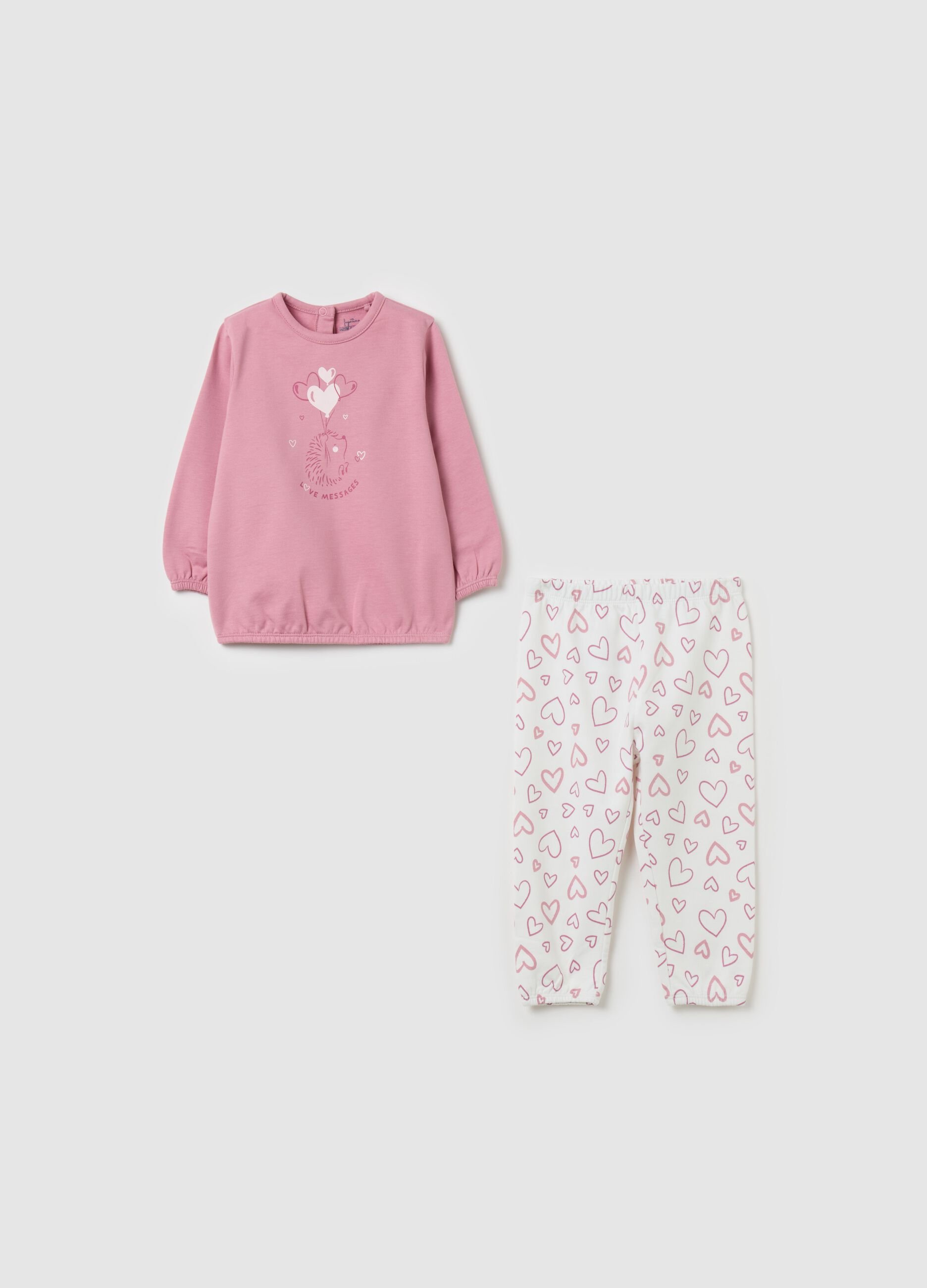 Pyjamas in organic cotton with hedgehog and hearts print
