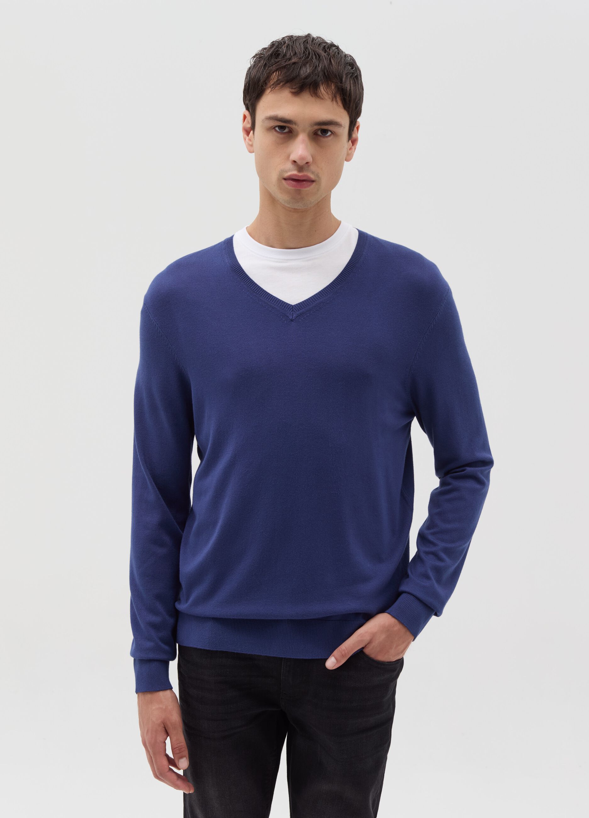 Pullover con scollo a V Blu denim da Uomo OVS