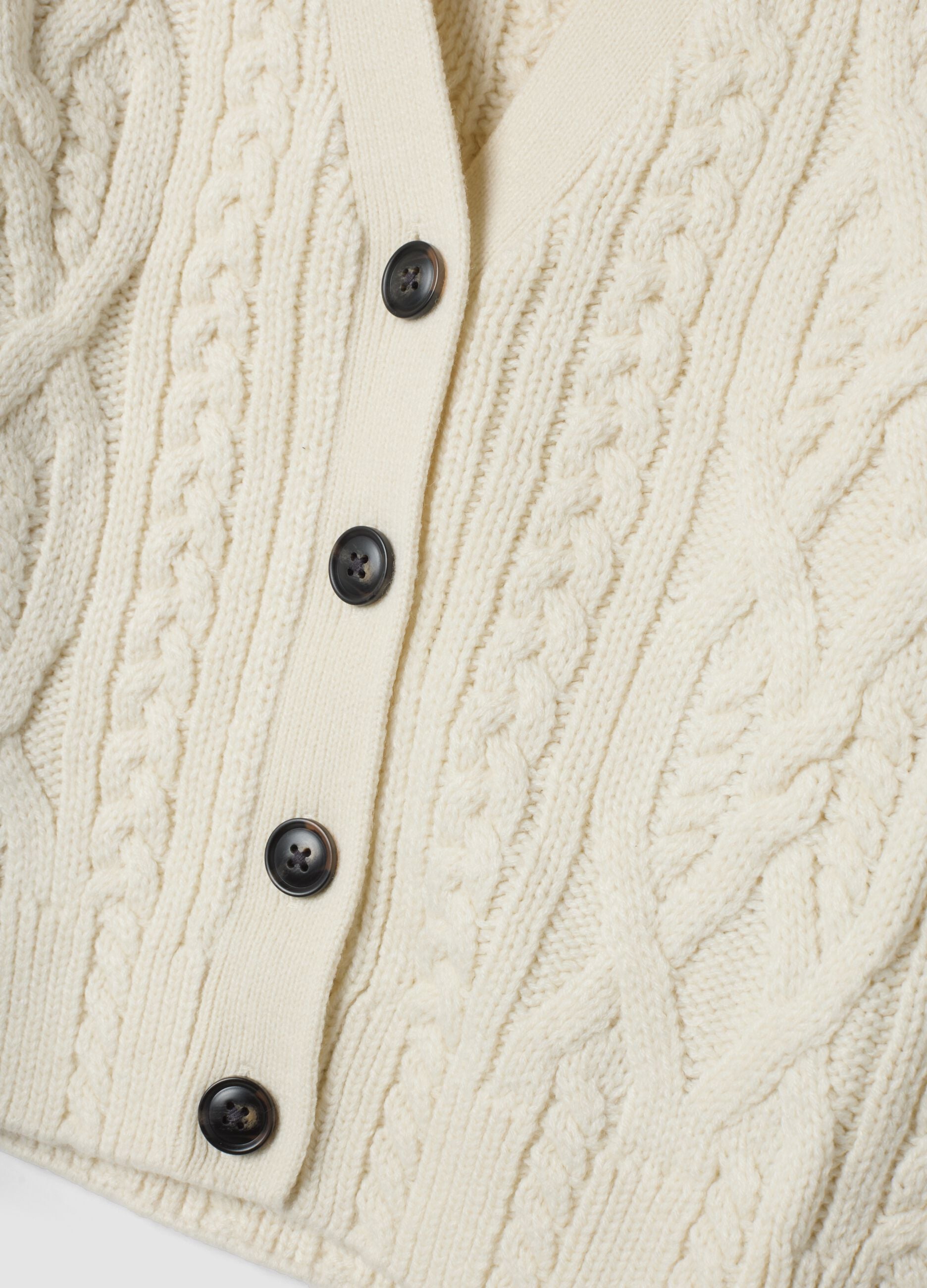 White wool-blend cardigan with deep V-neck, regular fit