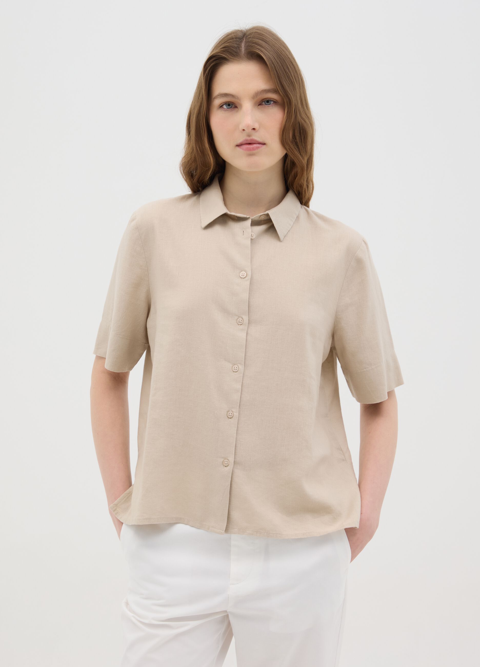 Women's beige linen blend regular fit shirt without buttons