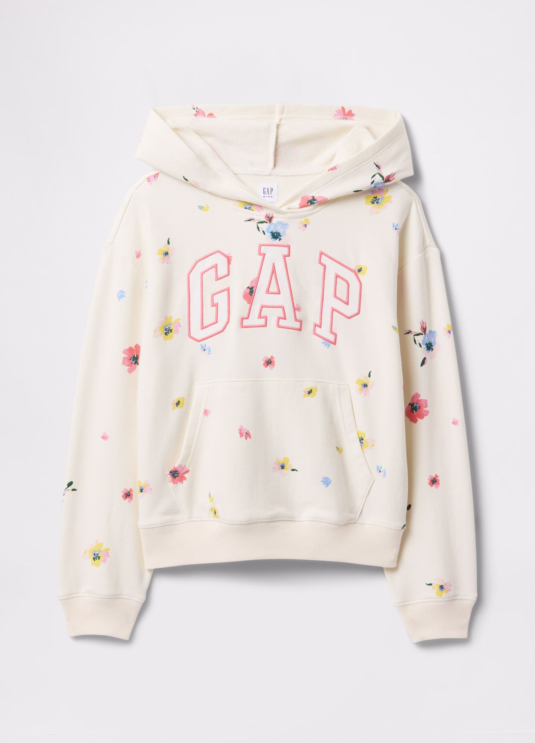 Felpa bianca con cappuccio stampa fiori e ricamo logo