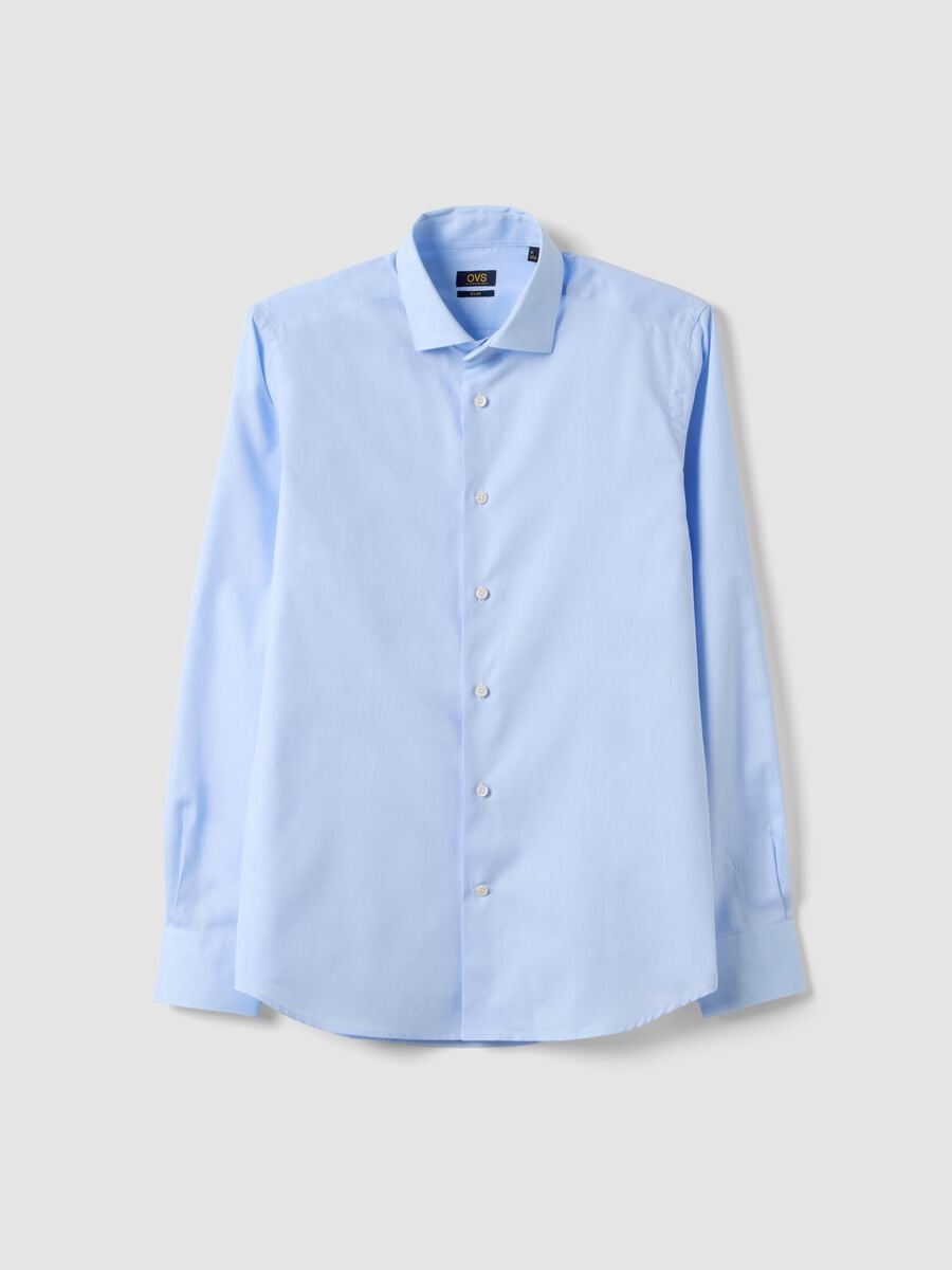 Camicia azzurra in puro compact cotton con collo classico slim fit_0