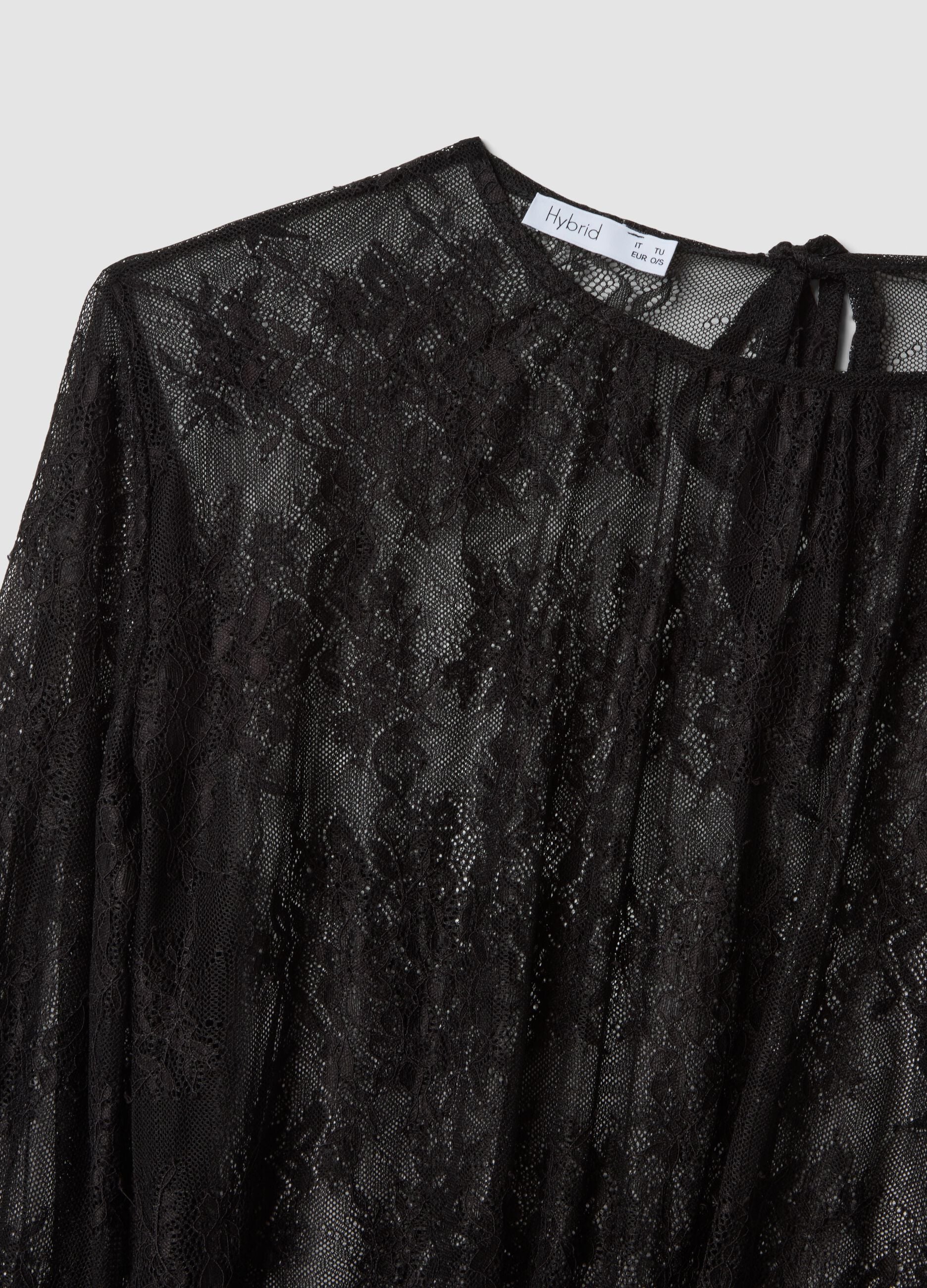 Blusa nera in tessuto elasticizzato con pizzo trasparente regular fit