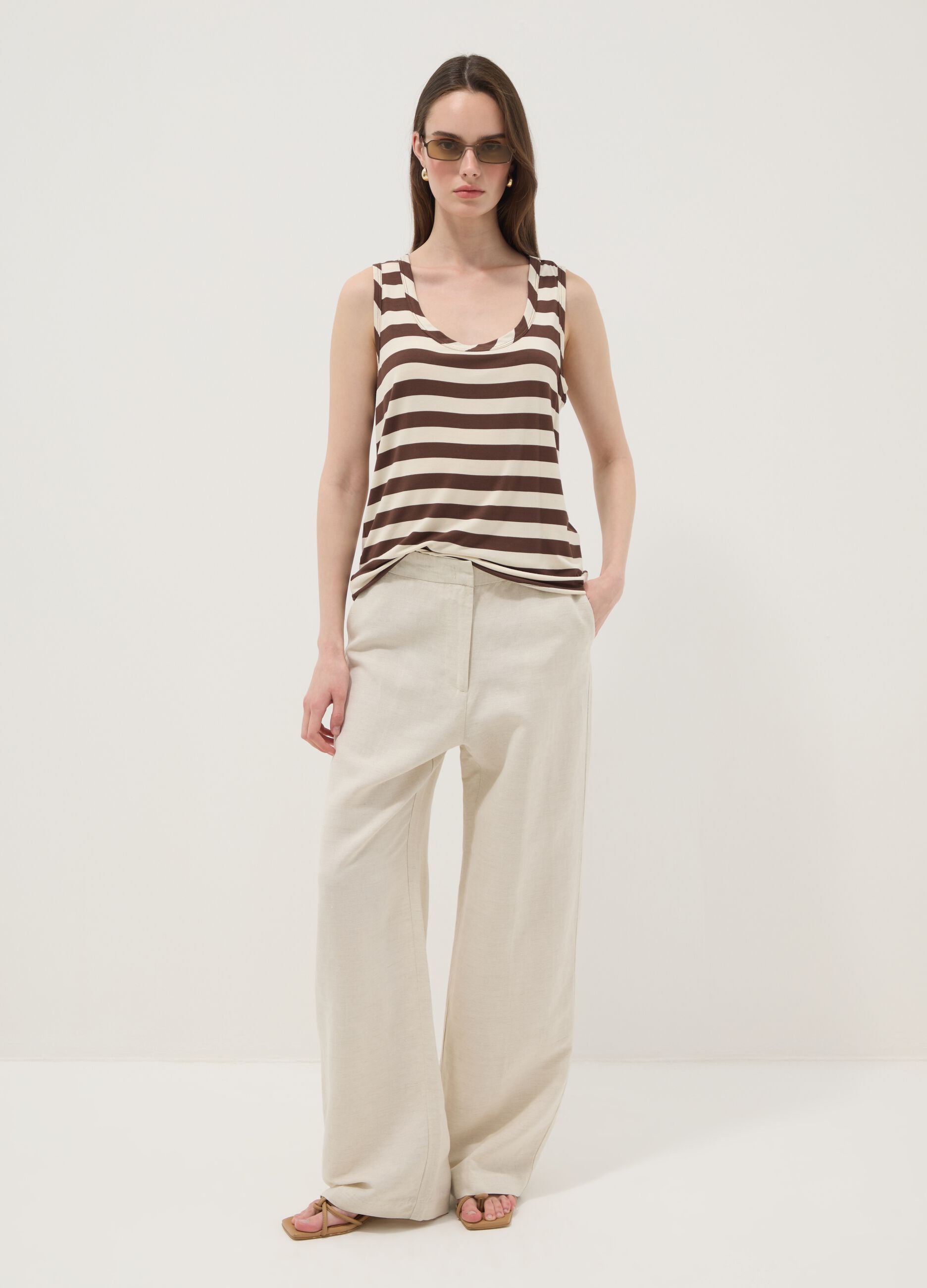 Brown striped stretch viscose tank top