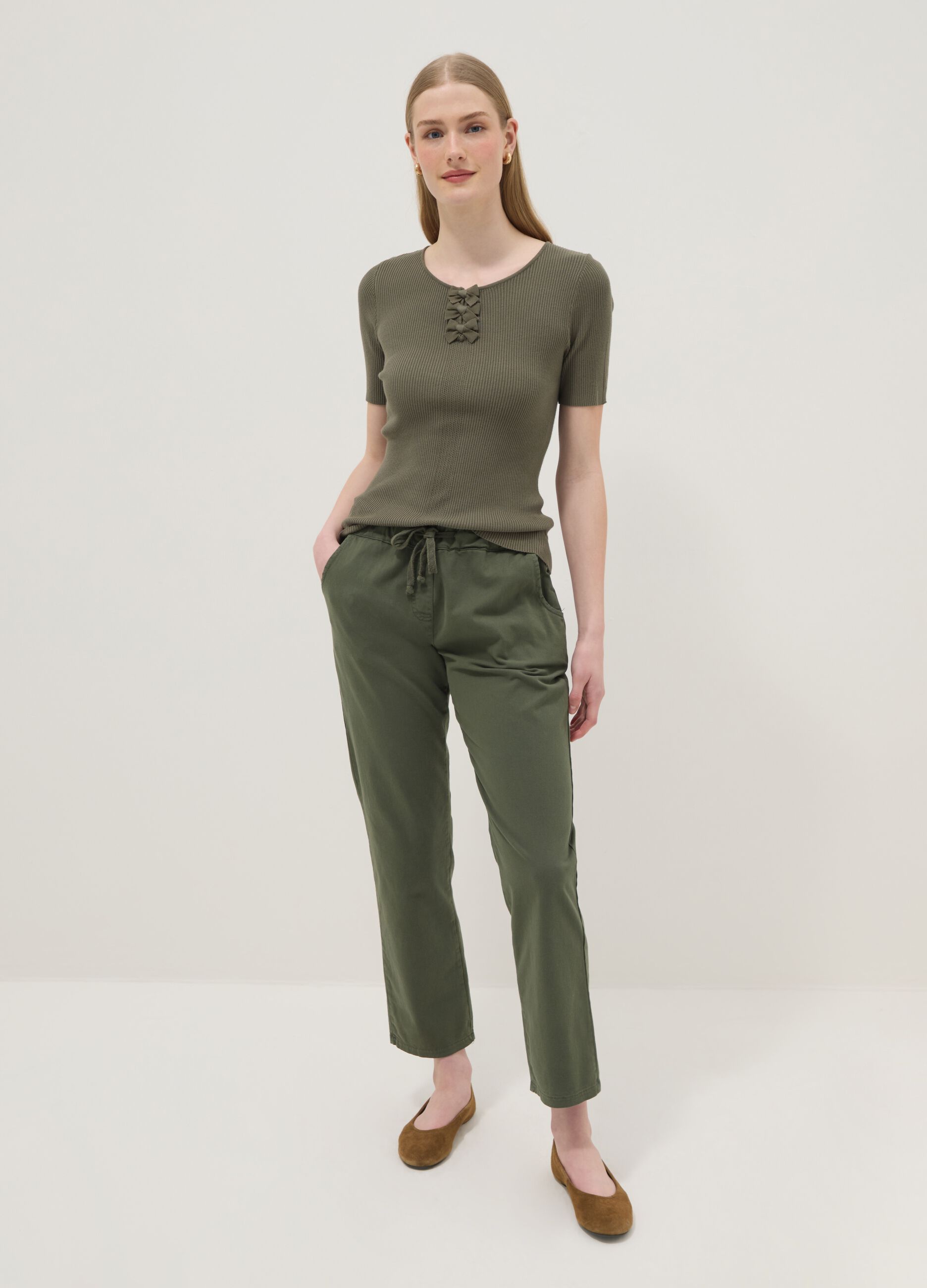 Women's Green Stretch Cotton Regular Fit Trousers