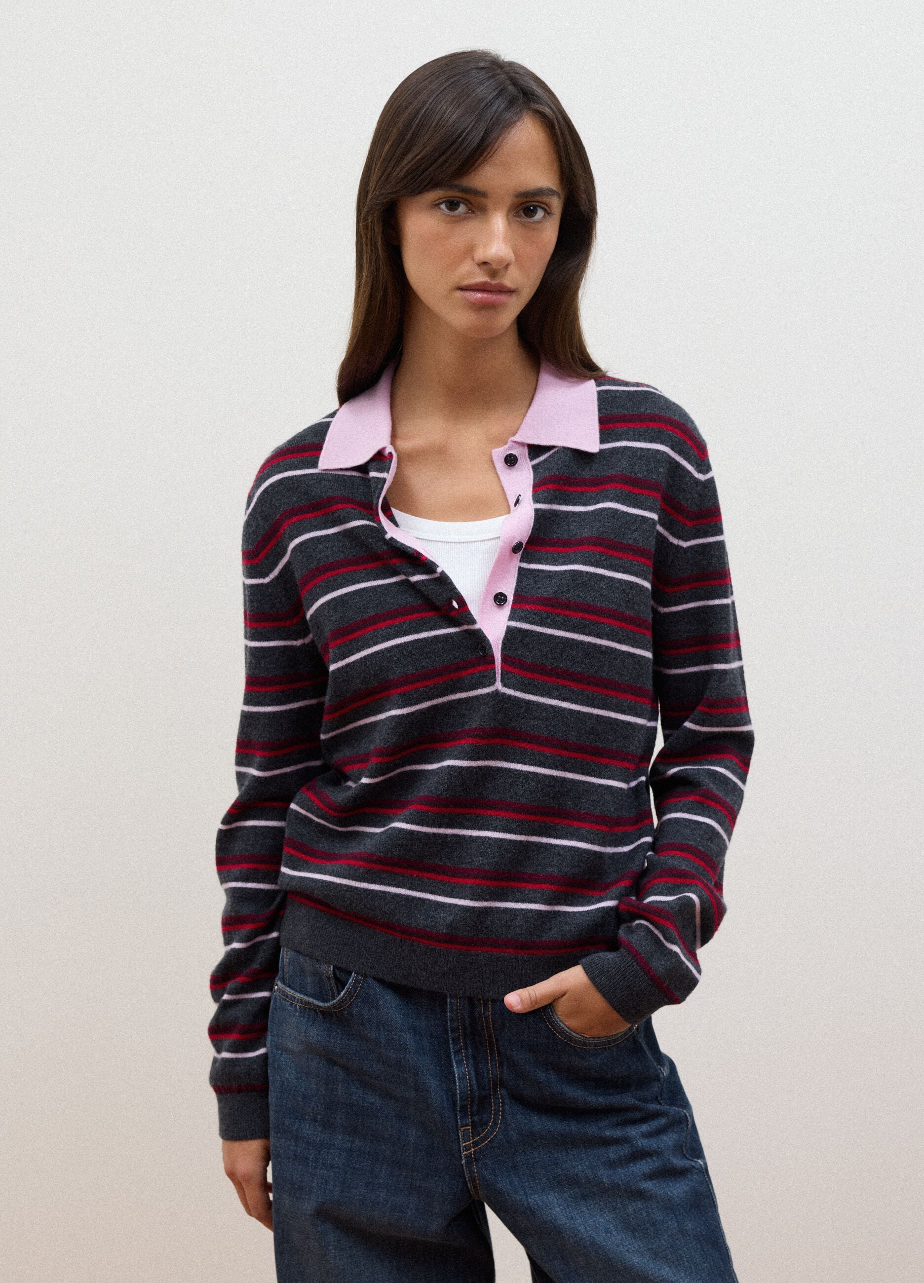 Maglia multicolor in pura lana con colletto polo fitted