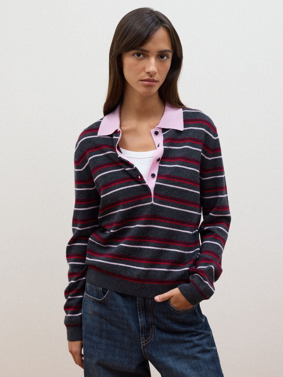 Maglia multicolor in pura lana con colletto polo fitted_1