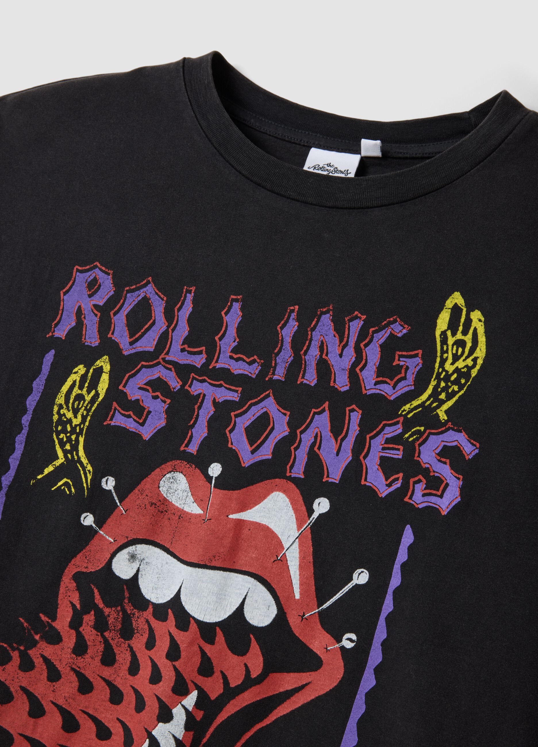 Black pure cotton T-shirt with Rolling Stones print
