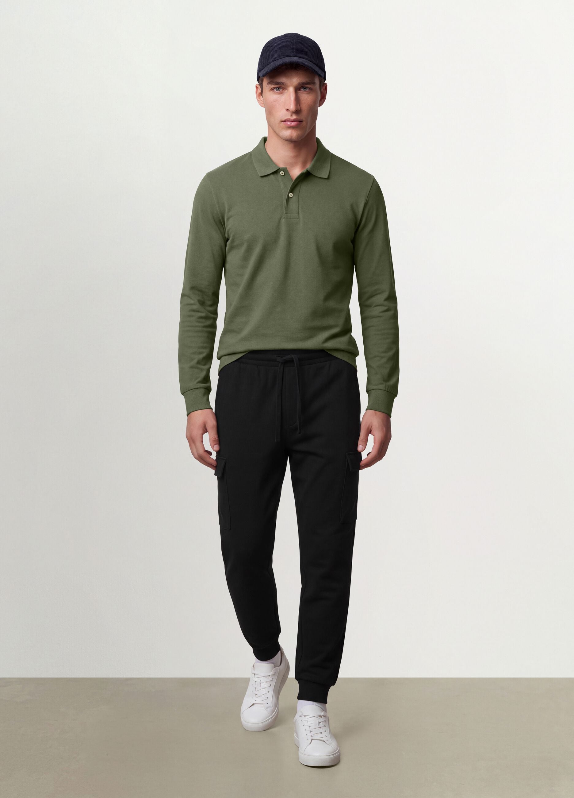 Green long-sleeve organic cotton piqu&eacute; polo, regular fit